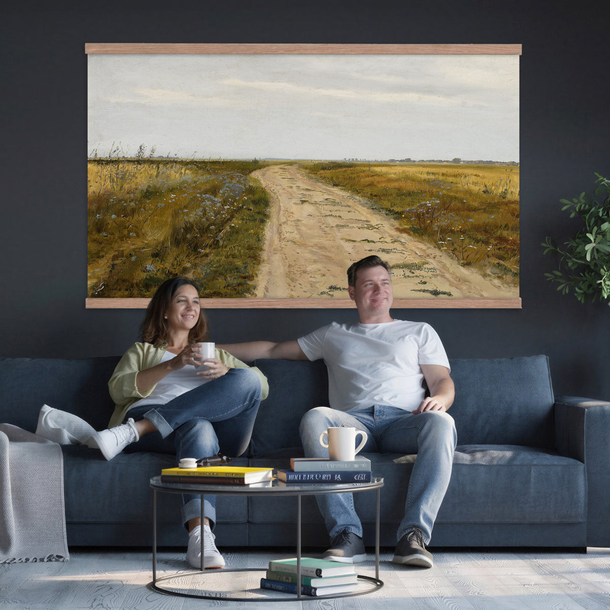 93198256-MGV-TP-30X20 - Realism oil painting tapestry wall hanging of "Field Track" by Jozef Chelmonski, showing a rutted dirt track cutting through open meadow grass toward a low horizon and a wide country sky in warm earth track tones with green meadow grass under a broad sky. Extra large wall art, made in the USA.