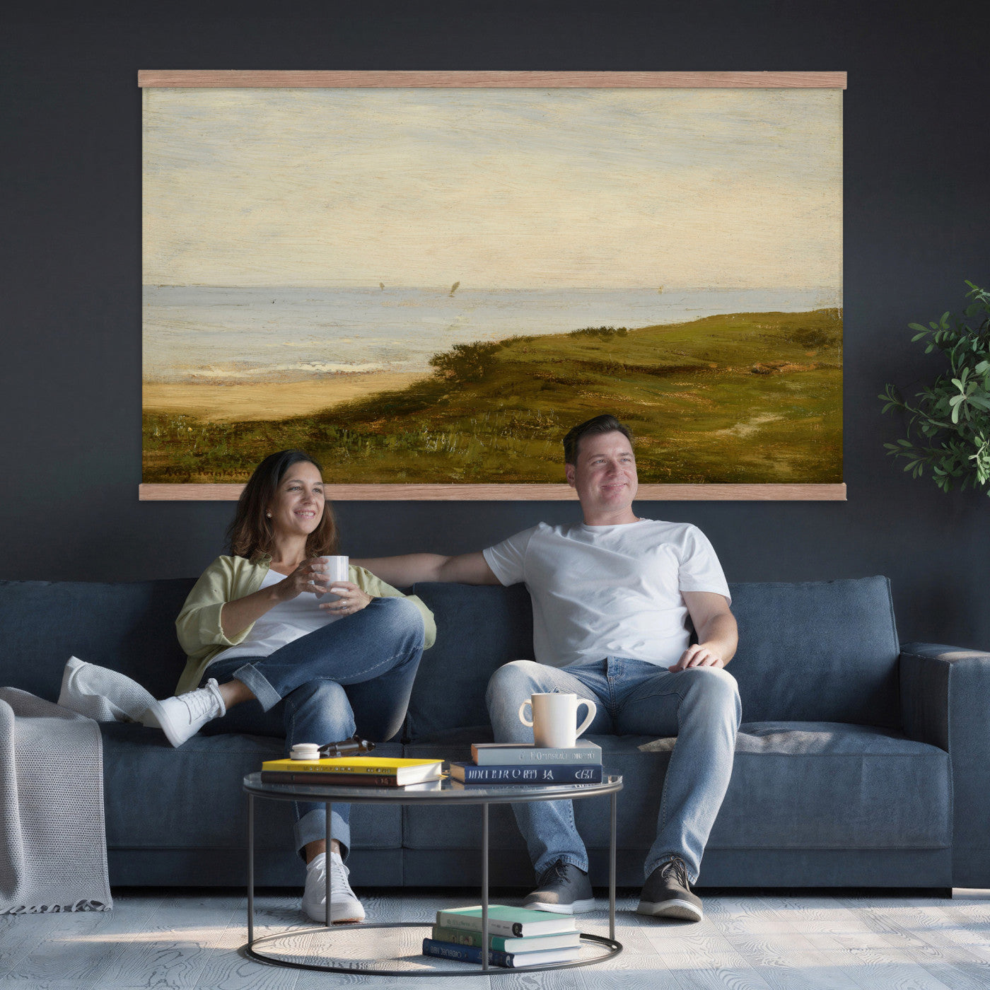 33440930-MGV-TP-30X20 - Impressionism oil painting tapestry wall hanging of "Beach Dunes" by Max Clarenbach, showing low rolling sand dunes topped with pale beach grass, opening toward a quiet sea under a wide soft sky in pale sand tones and dune grass under a wide soft blue-grey sky. Extra large wall art, made in the USA.