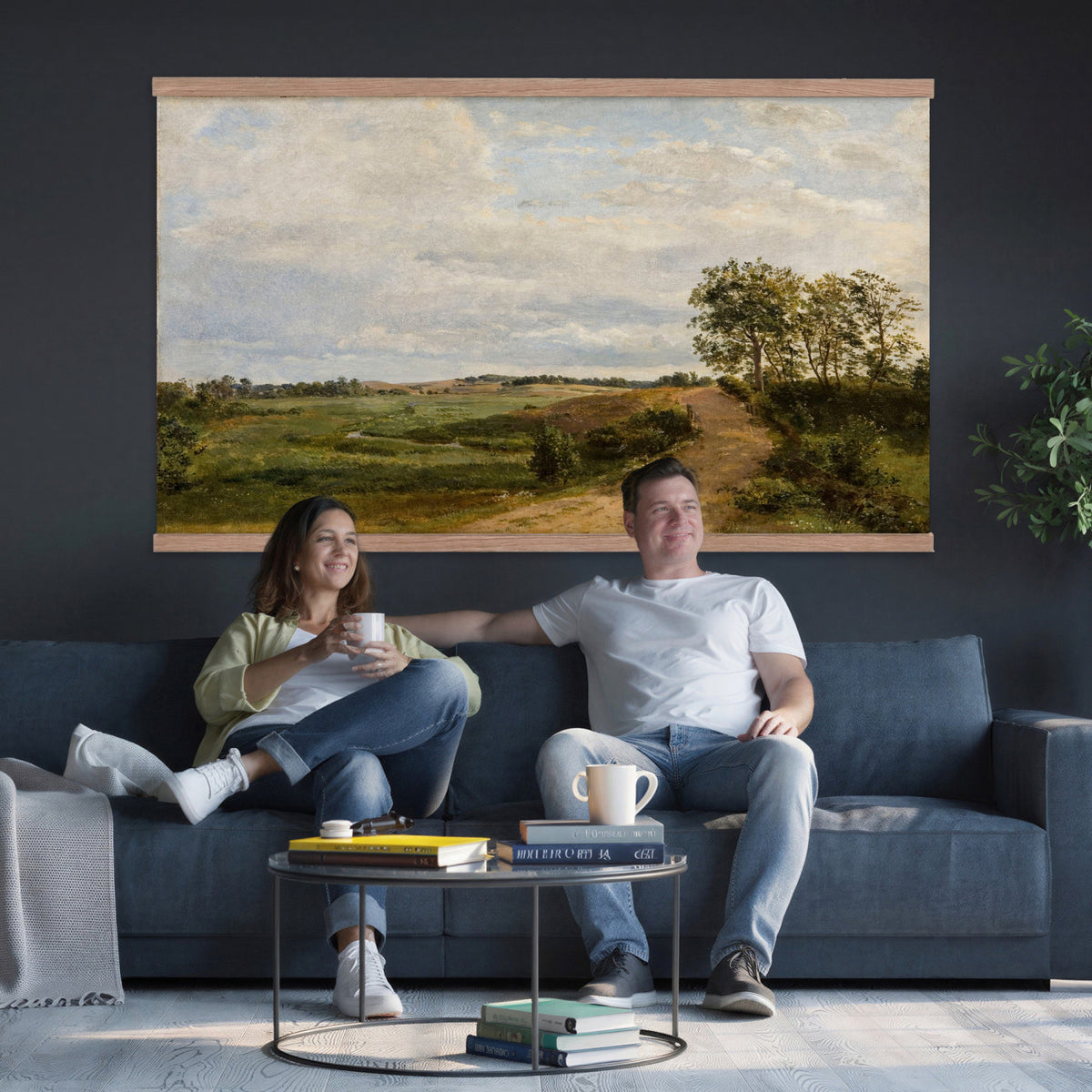53363268-MGV-TP-30X20 - Realism oil study tapestry wall hanging of "Road across the Hills, Study" by Dankvart Dreyer, showing a bare country road climbing across open hills, with low scrub, worn ruts, and a wide Danish sky above in warm sandy road tones and dry hill greens under a pale wide sky. Extra large wall art, made in the USA.
