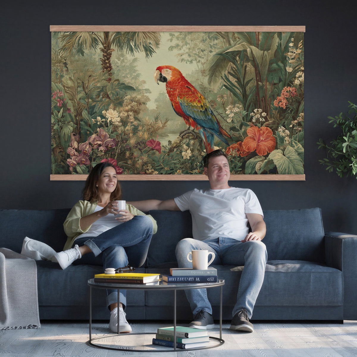 75232040-MGV-TP-30X20 - Botanical botanical illustration tapestry wall hanging of "Scarlet Macaw in the Jungle", showing a scarlet macaw perched among hibiscus flowers, palm leaves and thick rainforest growth in bright scarlet and gold plumage against deep jungle green. Extra large wall art, made in the USA.