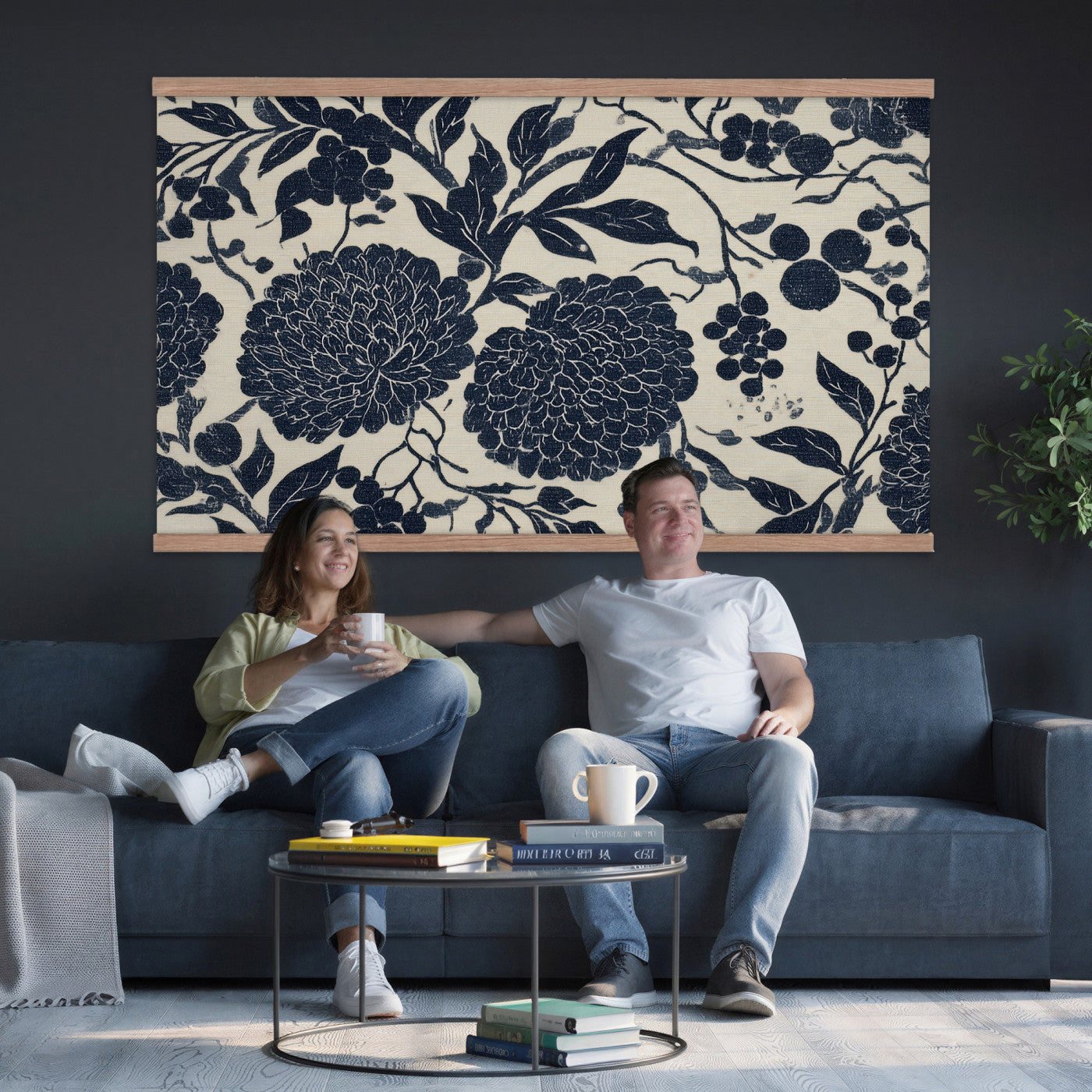 42507419-MGV-TP-30X20 - Chinoiserie ink block print tapestry wall hanging of "Chinoiserie Peony and Chrysanthemum Panel", showing peonies and chrysanthemums layered across a soft grey field, drawn in muted black line in black and soft grey linework on a warm neutral ground. Extra large wall art, made in the USA.