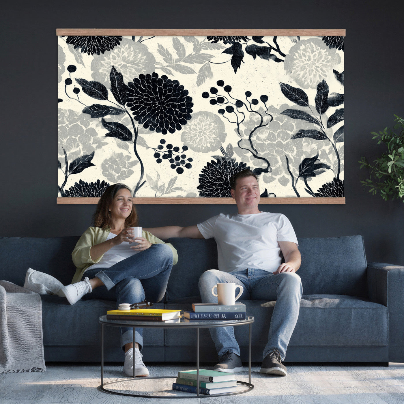 27269625-MGV-TP-30X20 - Chinoiserie ink block print tapestry wall hanging of "Chinoiserie Peony and Chrysanthemum Panel", showing peonies and chrysanthemums layered across a soft grey field, drawn in muted black line in black and soft grey linework on a warm neutral ground. Extra large wall art, made in the USA.