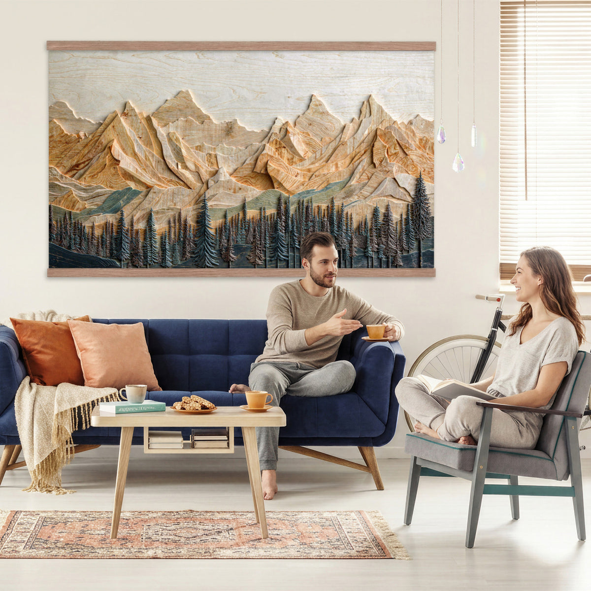 66676213-MGV-TP-30X20 - Geometric Wood Mountain Wall Art Canvas Print, 3D Look Rustic Mosaic Landscape Print