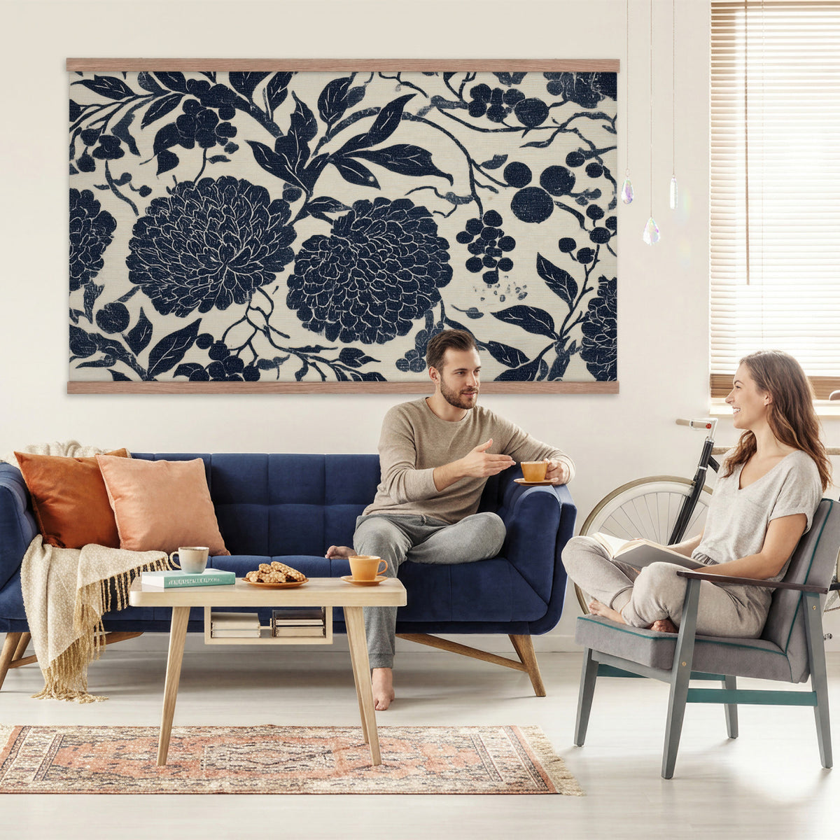 42507419-MGV-TP-30X20 - Chinoiserie ink block print tapestry wall hanging of "Chinoiserie Peony and Chrysanthemum Panel", showing peonies and chrysanthemums layered across a soft grey field, drawn in muted black line in black and soft grey linework on a warm neutral ground. Extra large wall art, made in the USA.