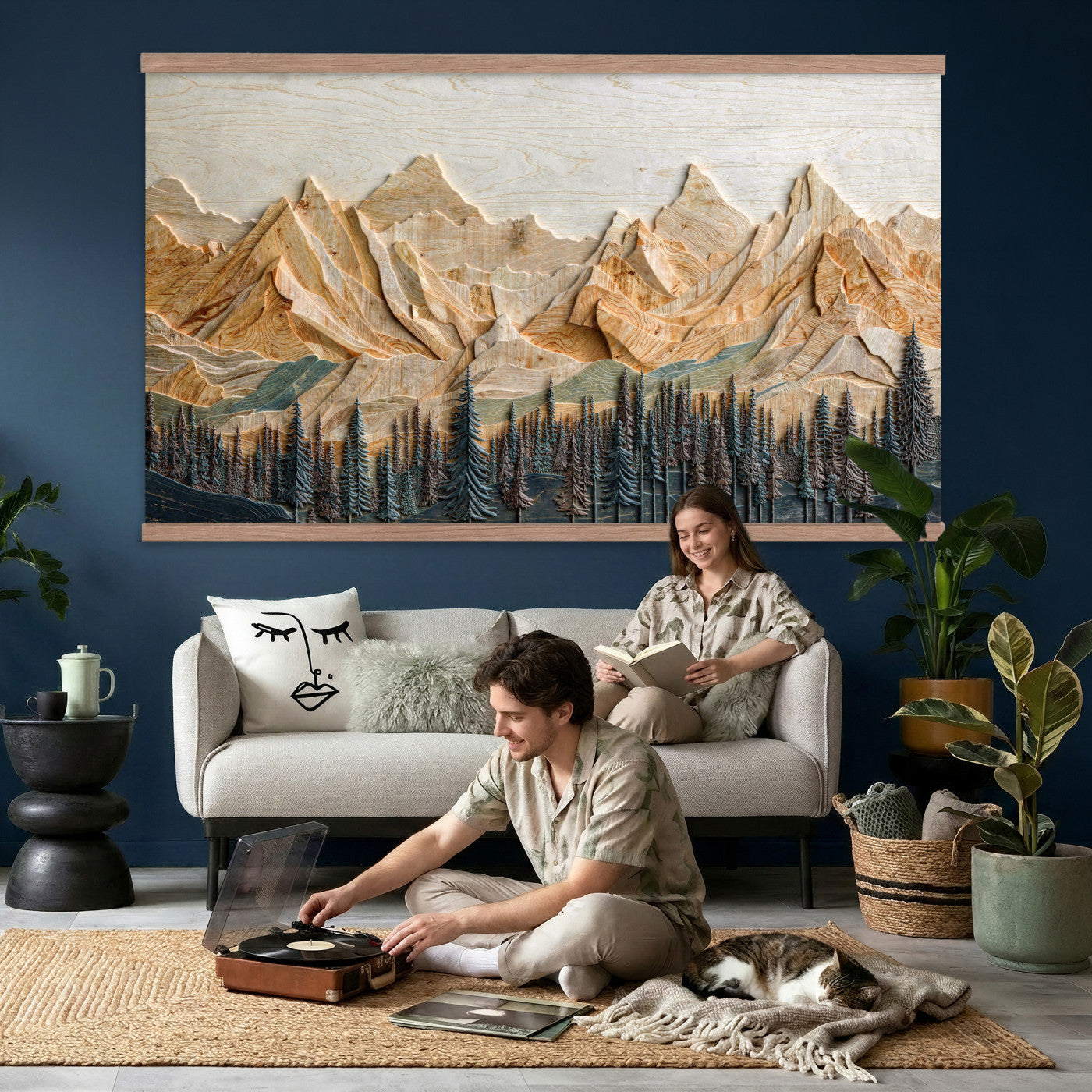 66676213-MGV-TP-30X20 - Geometric Wood Mountain Wall Art Canvas Print, 3D Look Rustic Mosaic Landscape Print