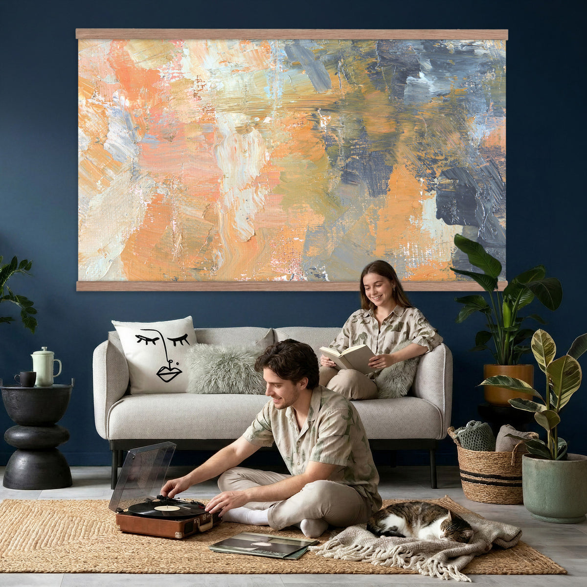 92754702-MGV-TP-30X20 - Cubism abstract oil painting tapestry wall hanging of "Abstract Landscape" by Nicolas de Stael, showing thick blocks of peach, grey, and cream laid side by side into a landscape that reads as pure shape and color in soft peach, warm grey, and cream color blocks. Extra large wall art, made in the USA.