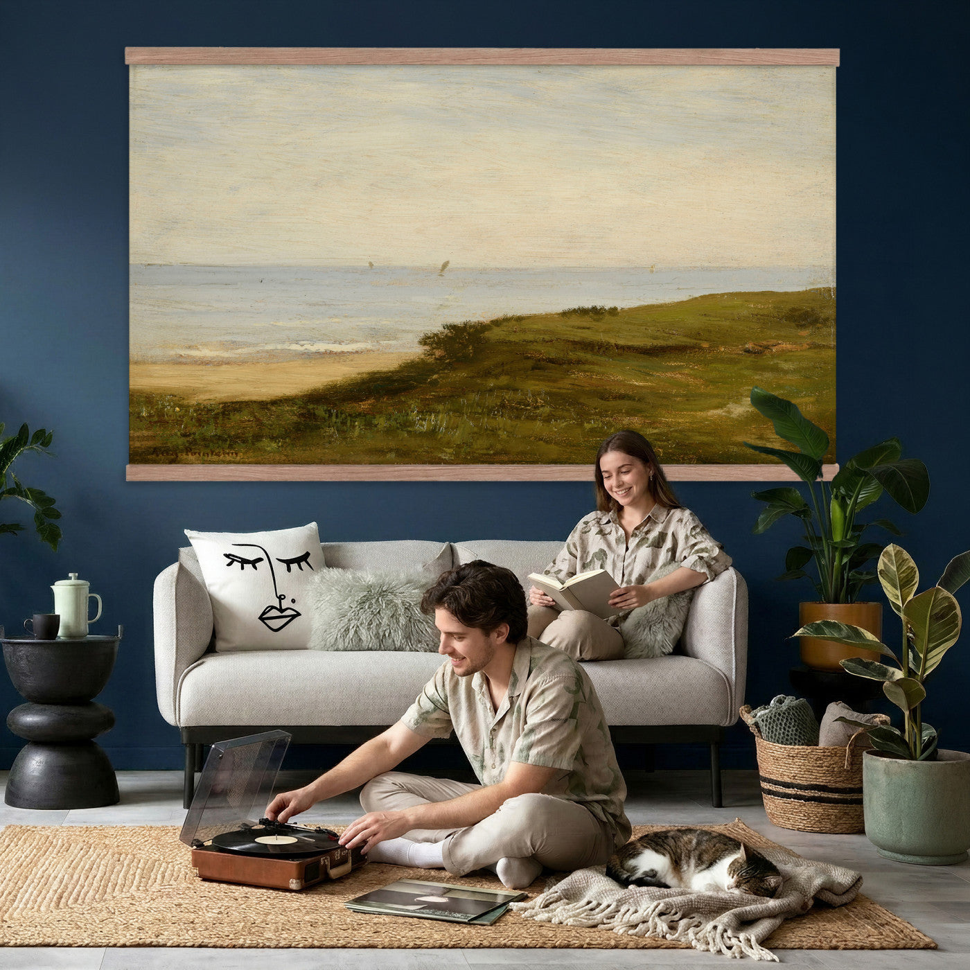 33440930-MGV-TP-30X20 - Impressionism oil painting tapestry wall hanging of "Beach Dunes" by Max Clarenbach, showing low rolling sand dunes topped with pale beach grass, opening toward a quiet sea under a wide soft sky in pale sand tones and dune grass under a wide soft blue-grey sky. Extra large wall art, made in the USA.