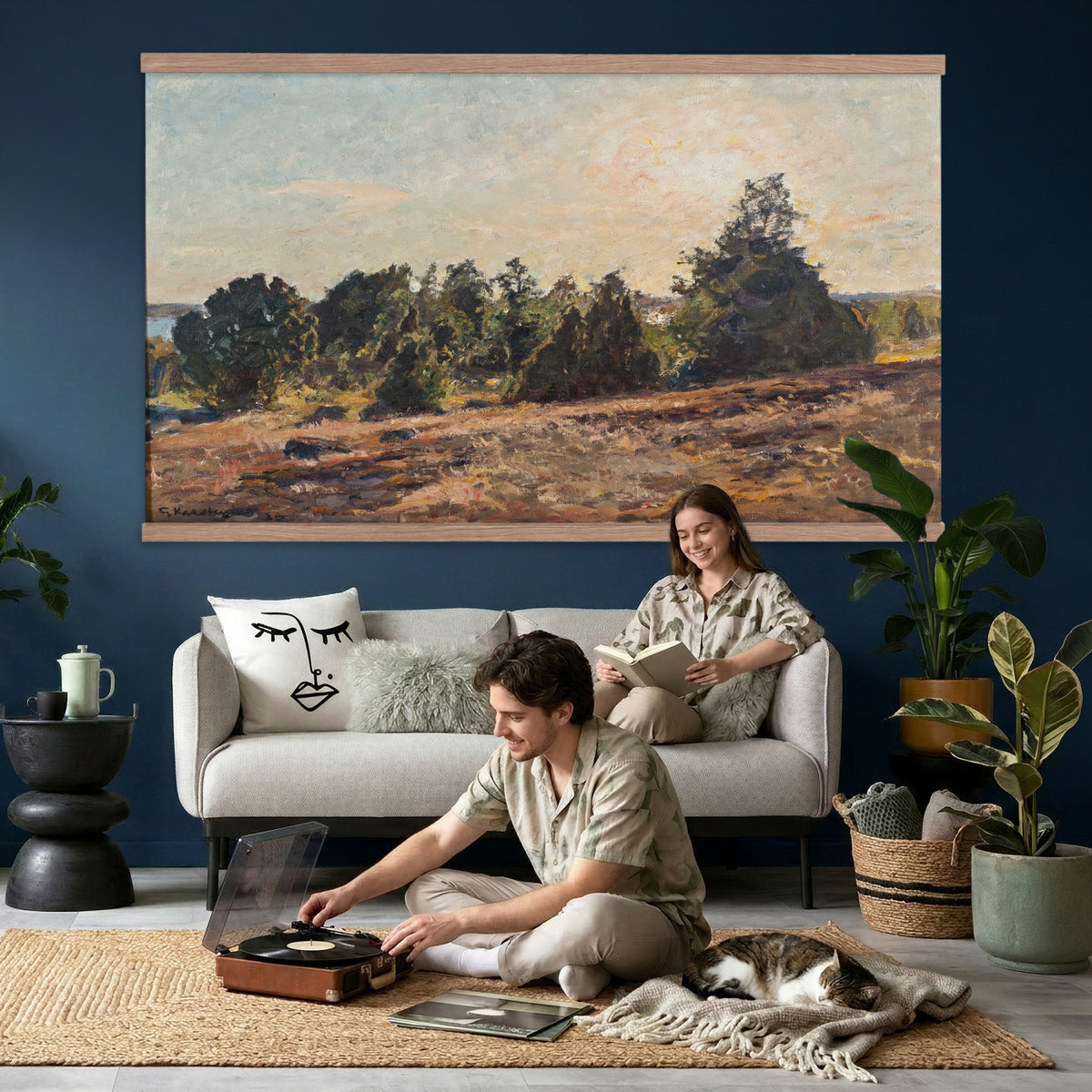 89318871-MGV-TP-30X20 - Impressionism oil painting tapestry wall hanging of "Landscape" by Jane Sutherland, showing a sunlit open field, dry golden grasses, and slender eucalyptus trees leaning under a bright southern sky in warm golden field tones with soft sage-green eucalyptus foliage. Extra large wall art, made in the USA.