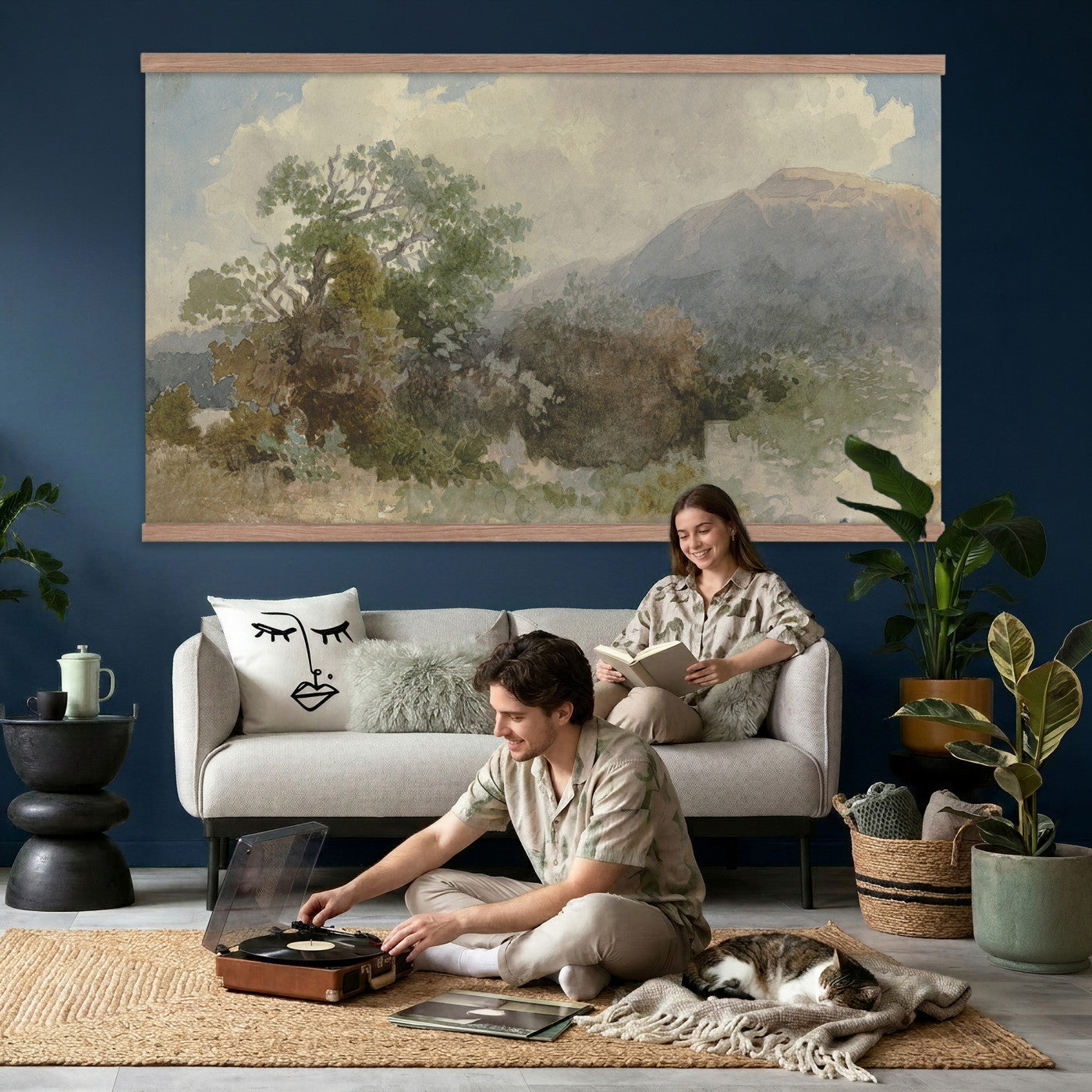 57654233-MGV-TP-30X20 - Romanticism watercolor tapestry wall hanging of "Landscape with a Church" by Thomas Girtin, showing a village church tower rising above open farmland, weathered stone walls, and a wide, luminous English sky in muted grey-blue washes with warm ochre fields and a pale open sky. Extra large wall art, made in the USA.