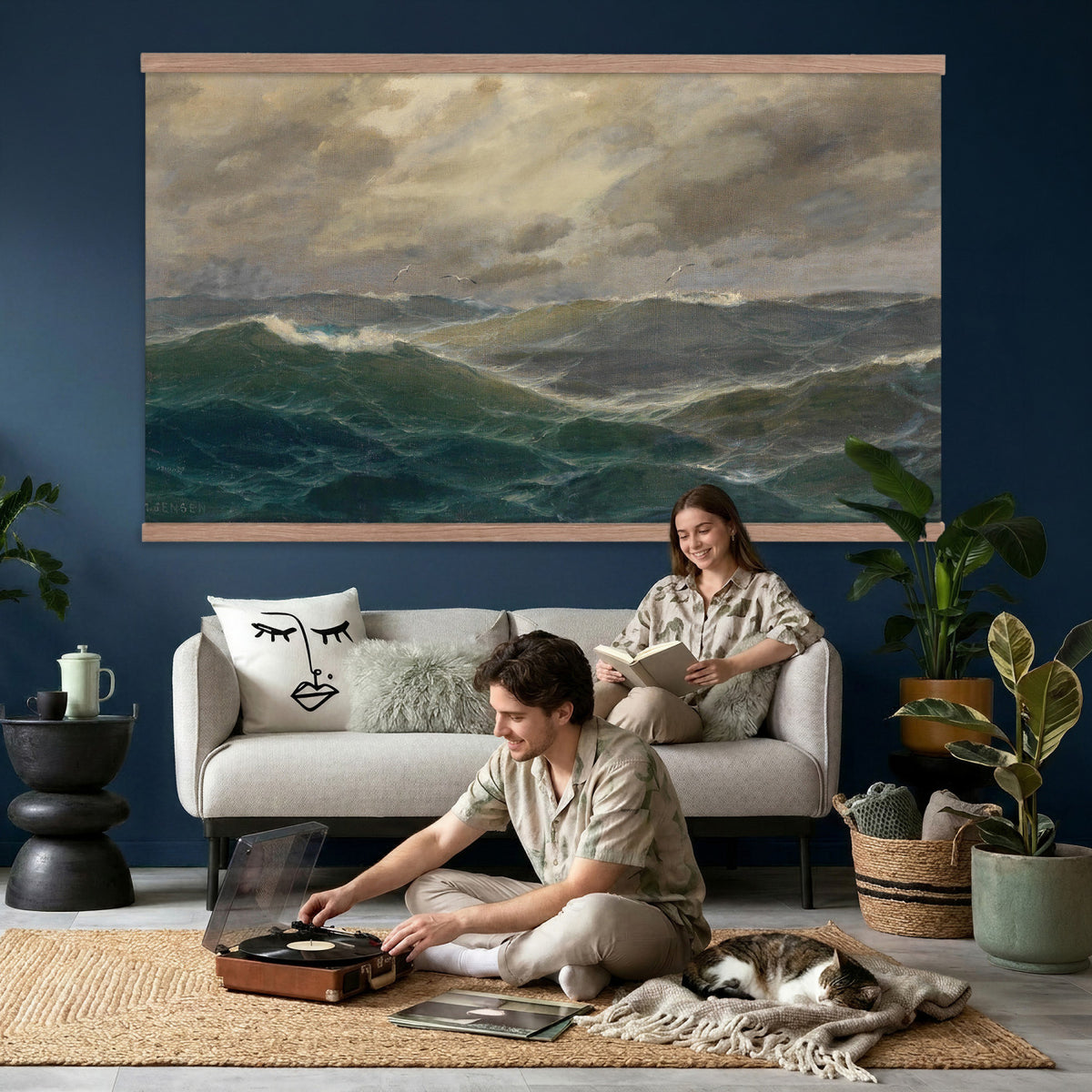 93539190-MGV-TP-30X20 - Realism oil painting tapestry wall hanging of "Stormy Sea" by Alfred Jensen, showing heavy breaking waves rolling under a dark storm sky, with white foam catching the last light on the water in deep grey-green waves with white foam under a heavy storm sky. Extra large wall art, made in the USA.