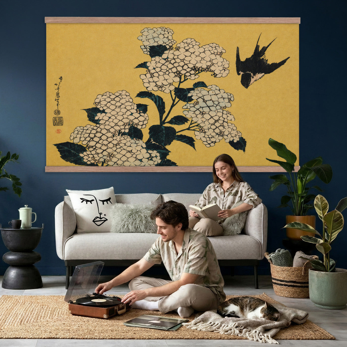 24787197-MGV-TP-30X20 - Ukiyo-e woodblock print tapestry wall hanging of "Hydrangea and Swallow" by Katsushika Hokusai, showing a swallow in flight above a full hydrangea head, drawn with the precise line of Japanese woodblock in soft blue hydrangea blooms with warm gold ground. Extra large wall art, made in the USA.