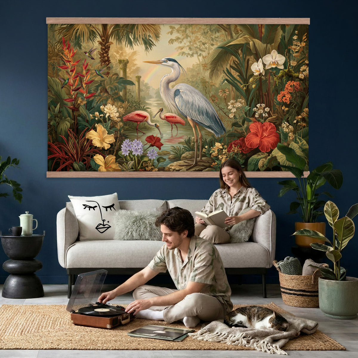 20081183-MGV-TP-30X20 - Botanical botanical illustration tapestry wall hanging of "Great Blue Heron in the Jungle", showing a great blue heron standing among hibiscus blooms, palm fronds and dense tropical foliage in deep jungle greens with red hibiscus and soft blue heron plumage. Extra large wall art, made in the USA.