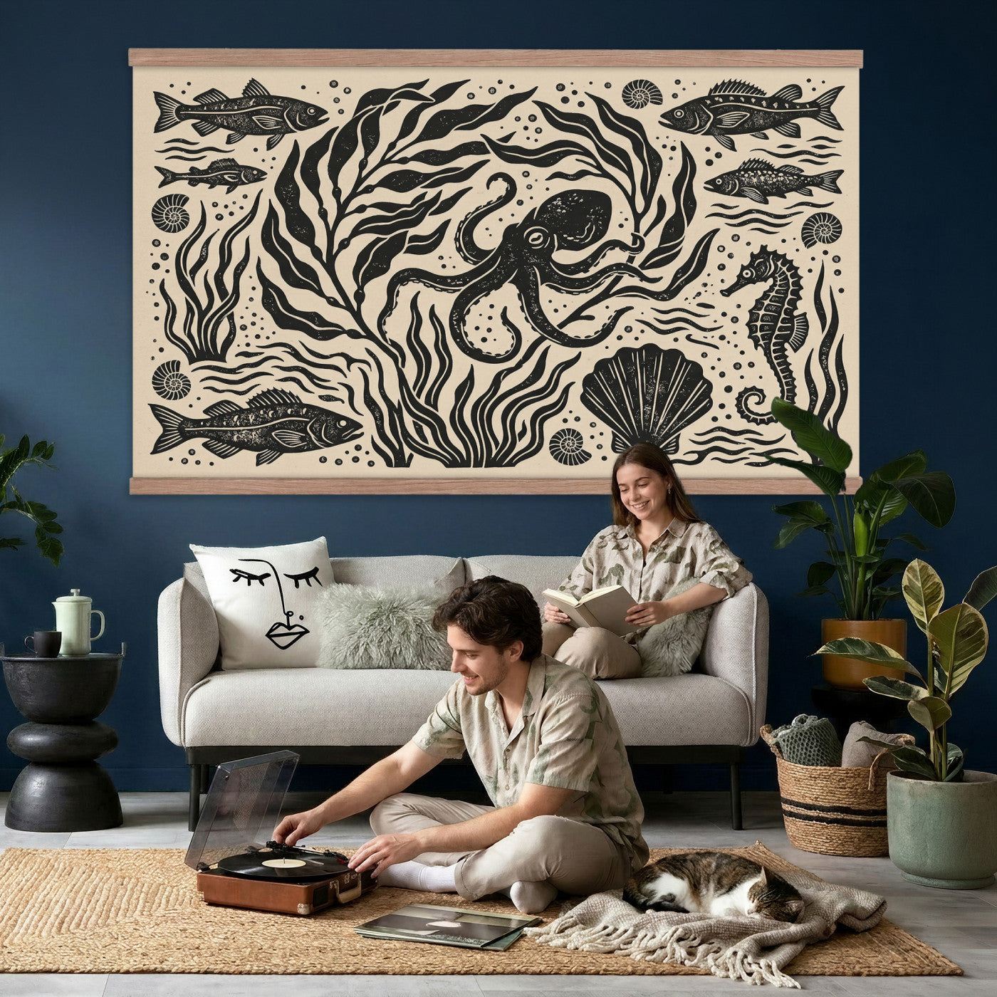 75988079-MGV-TP-30X20 - Folk Art linocut print tapestry wall hanging of "Ocean Life Panel", showing an octopus, seahorses, shells and curling waves cut into bold black and white folk art shapes in bold black linocut shapes on a cream ground. Extra large wall art, made in the USA.
