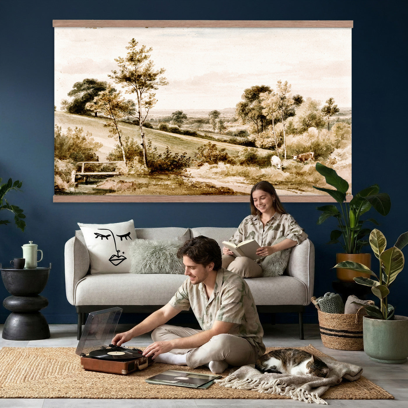 49470375-MGV-TP-30X20 - Romanticism watercolor tapestry wall hanging of "Little Bushey, Hertfordshire" by Henry Edridge, showing cows grazing beside a small stone bridge in open English pasture under a soft pale sky in soft green pasture tones with warm brown cattle under a pale sky. Extra large wall art, made in the USA.