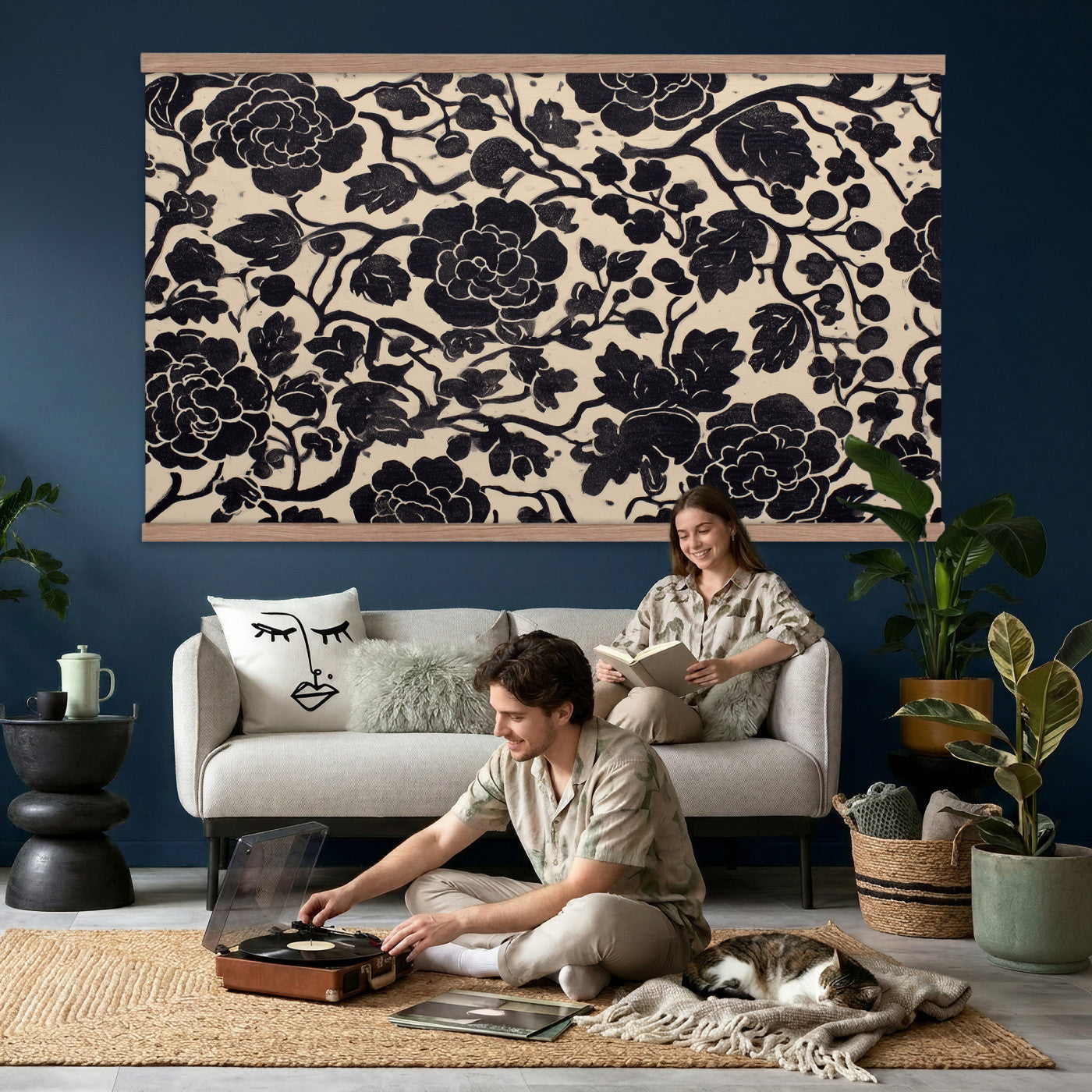 18660803-MGV-TP-30X20 - Chinoiserie ink block print tapestry wall hanging of "Chinoiserie Peony Panel", showing full peony blooms, curling stems and layered leaf work drawn in fine black line on a pale ground in deep black linework on a soft white ground. Extra large wall art, made in the USA.
