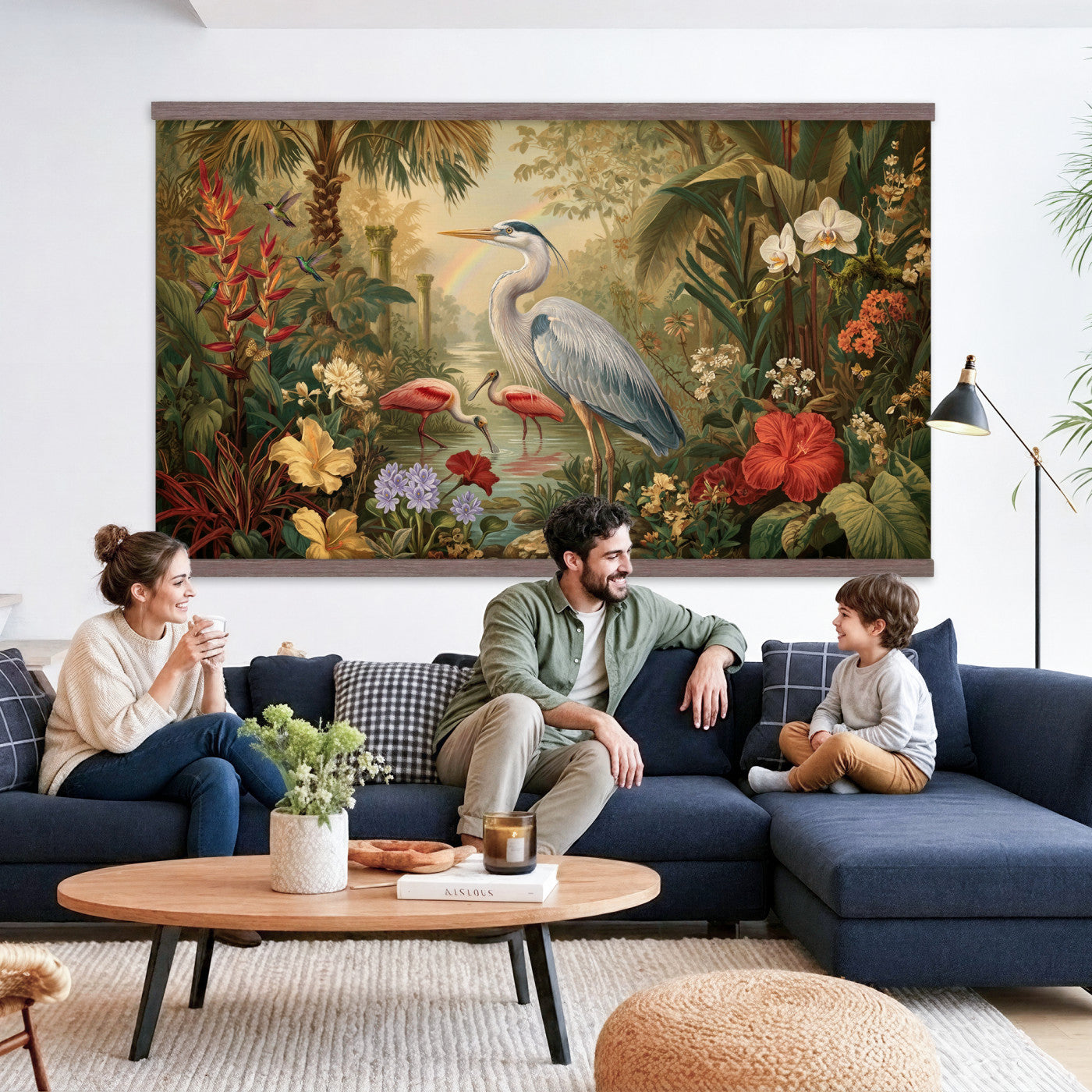 20081183-MGV-TP-30X20 - Botanical botanical illustration tapestry wall hanging of "Great Blue Heron in the Jungle", showing a great blue heron standing among hibiscus blooms, palm fronds and dense tropical foliage in deep jungle greens with red hibiscus and soft blue heron plumage. Extra large wall art, made in the USA.