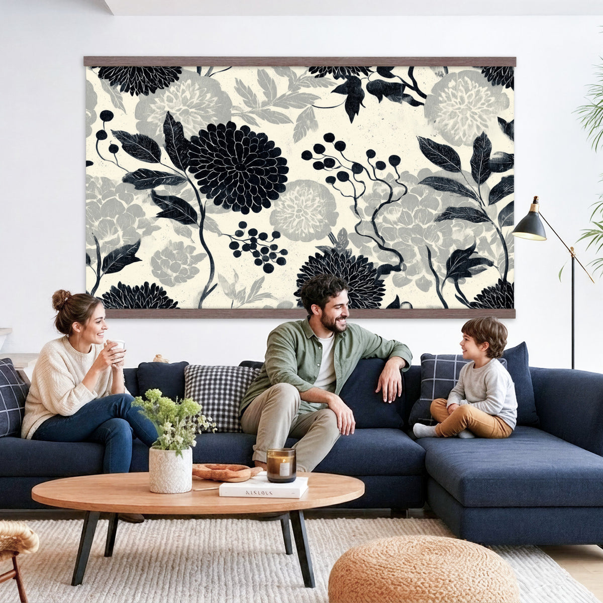 27269625-MGV-TP-30X20 - Chinoiserie ink block print tapestry wall hanging of "Chinoiserie Peony and Chrysanthemum Panel", showing peonies and chrysanthemums layered across a soft grey field, drawn in muted black line in black and soft grey linework on a warm neutral ground. Extra large wall art, made in the USA.