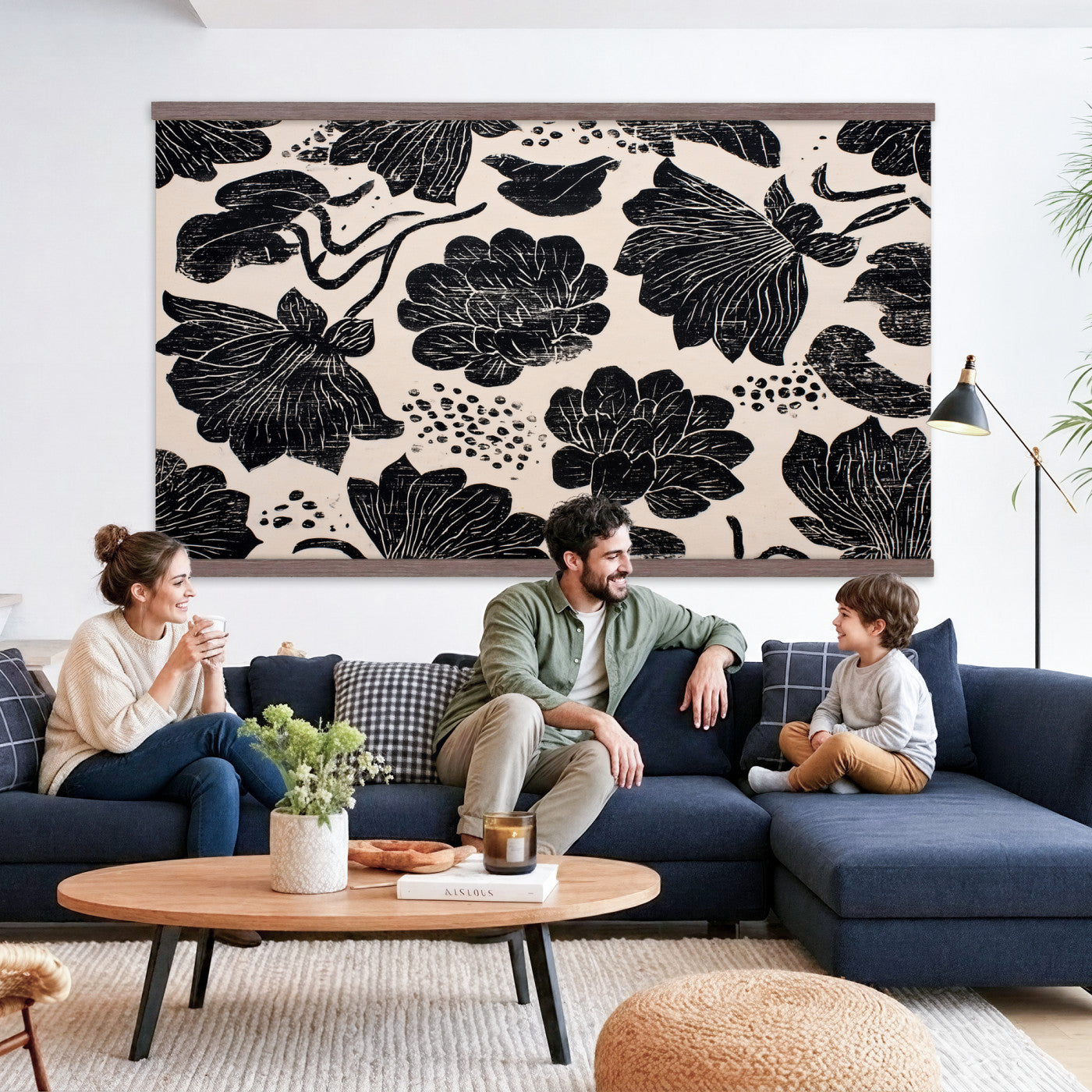 91793867-MGV-TP-30X20 - Chinoiserie ink block print tapestry wall hanging of "Chinoiserie Lotus Panel", showing open lotus flowers and broad water lily pads rising on tall stems, cut in bold black and white in deep black lotus linework on a soft white ground. Extra large wall art, made in the USA.