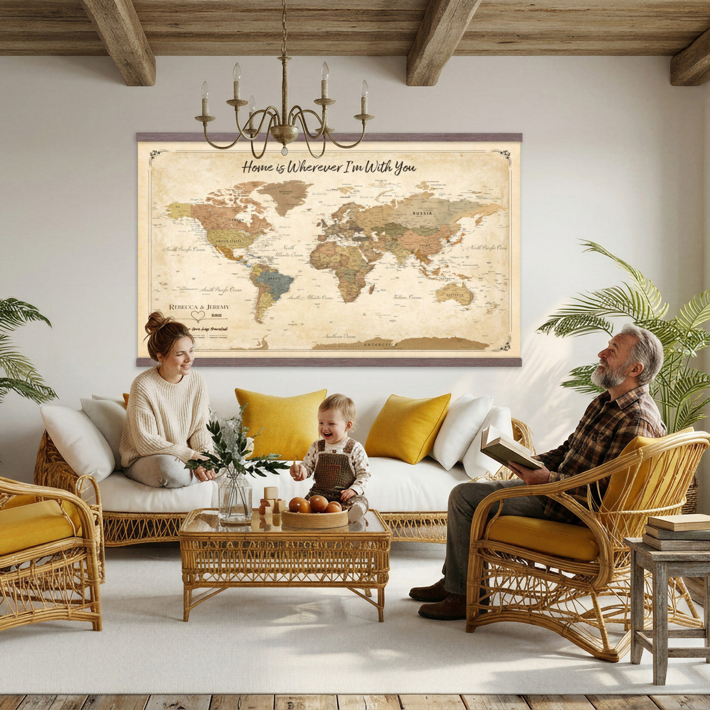 40086165-MGV-TP-30X20 - Framed Vintage Custom Push Pin World Map Canvas Print – Personalized Travel Map Wall Art