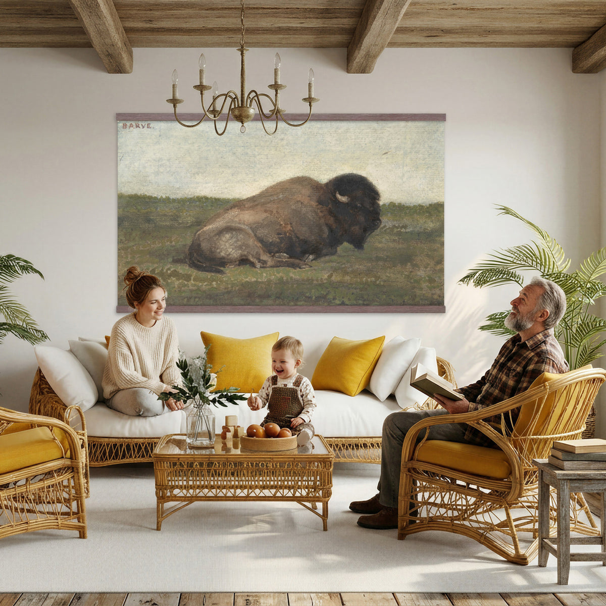 59987270-MGV-TP-30X20 - Realism oil painting tapestry wall hanging of "Bison Lying Down" by Antoine-Louis Barye, showing a heavy bison at rest on open prairie ground, painted with weight and quiet animal presence in deep brown bison coat against muted prairie grass and a low sky. Extra large wall art, made in the USA.