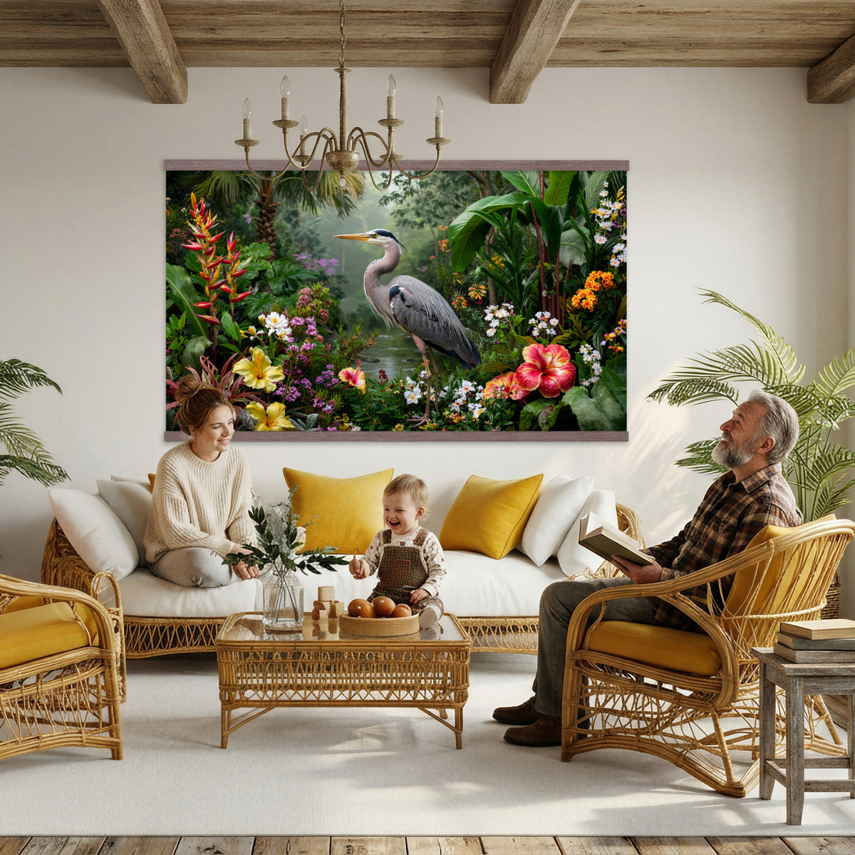 82504330-MGV-TP-30X20 - Botanical botanical illustration tapestry wall hanging of "Great Blue Heron in the Jungle", showing a great blue heron standing among hibiscus blooms, palm fronds and dense tropical foliage in deep jungle greens with red hibiscus and soft blue heron plumage. Extra large wall art, made in the USA.