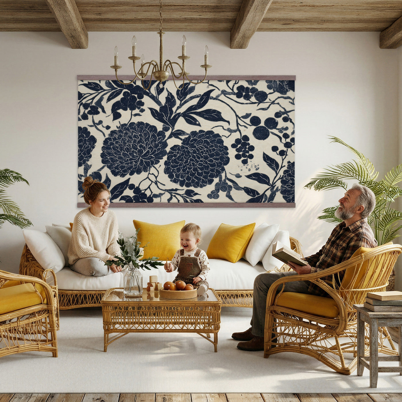 42507419-MGV-TP-30X20 - Chinoiserie ink block print tapestry wall hanging of "Chinoiserie Peony and Chrysanthemum Panel", showing peonies and chrysanthemums layered across a soft grey field, drawn in muted black line in black and soft grey linework on a warm neutral ground. Extra large wall art, made in the USA.