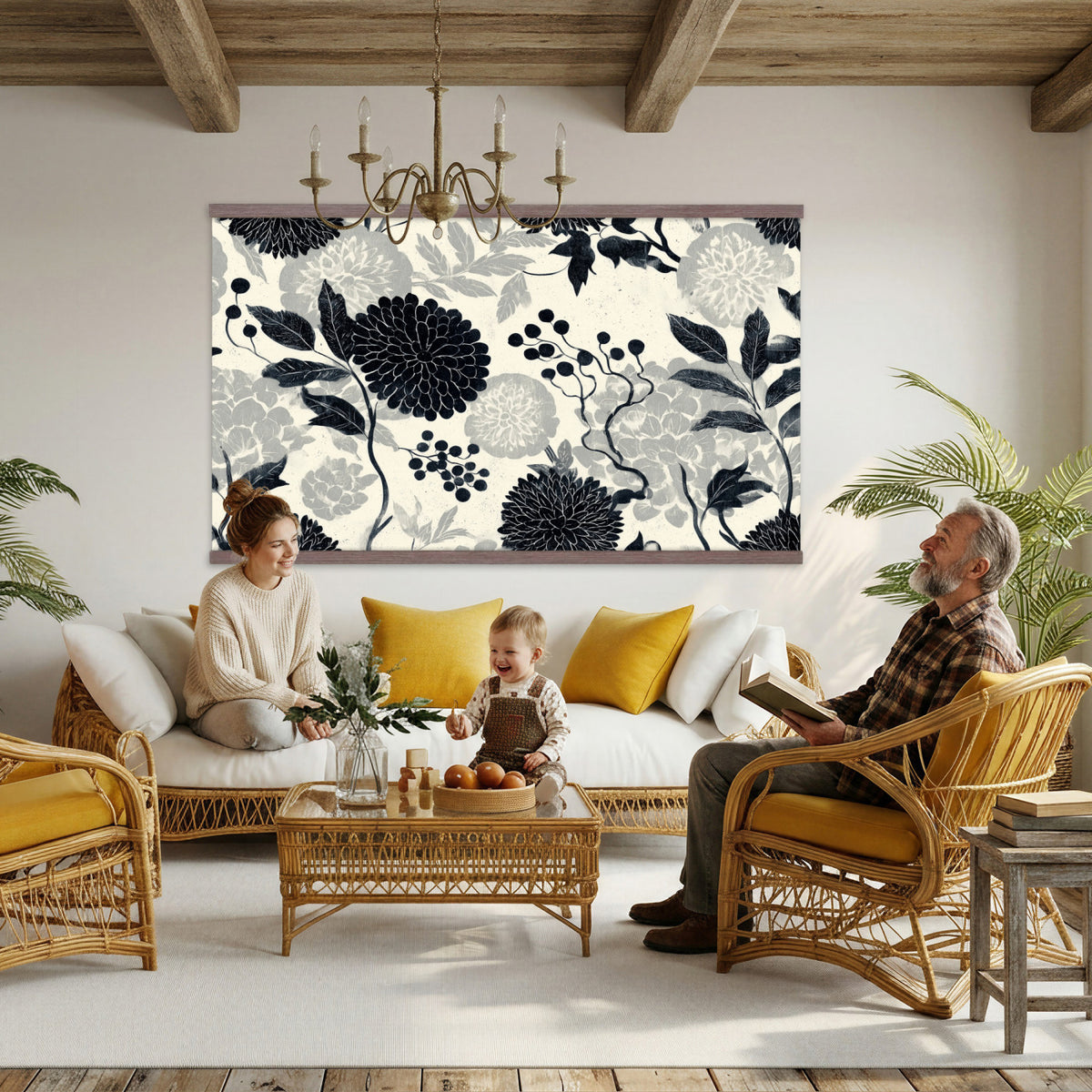 27269625-MGV-TP-30X20 - Chinoiserie ink block print tapestry wall hanging of "Chinoiserie Peony and Chrysanthemum Panel", showing peonies and chrysanthemums layered across a soft grey field, drawn in muted black line in black and soft grey linework on a warm neutral ground. Extra large wall art, made in the USA.
