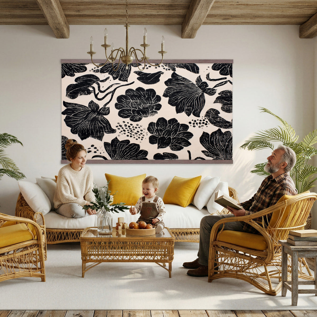 91793867-MGV-TP-30X20 - Chinoiserie ink block print tapestry wall hanging of "Chinoiserie Lotus Panel", showing open lotus flowers and broad water lily pads rising on tall stems, cut in bold black and white in deep black lotus linework on a soft white ground. Extra large wall art, made in the USA.