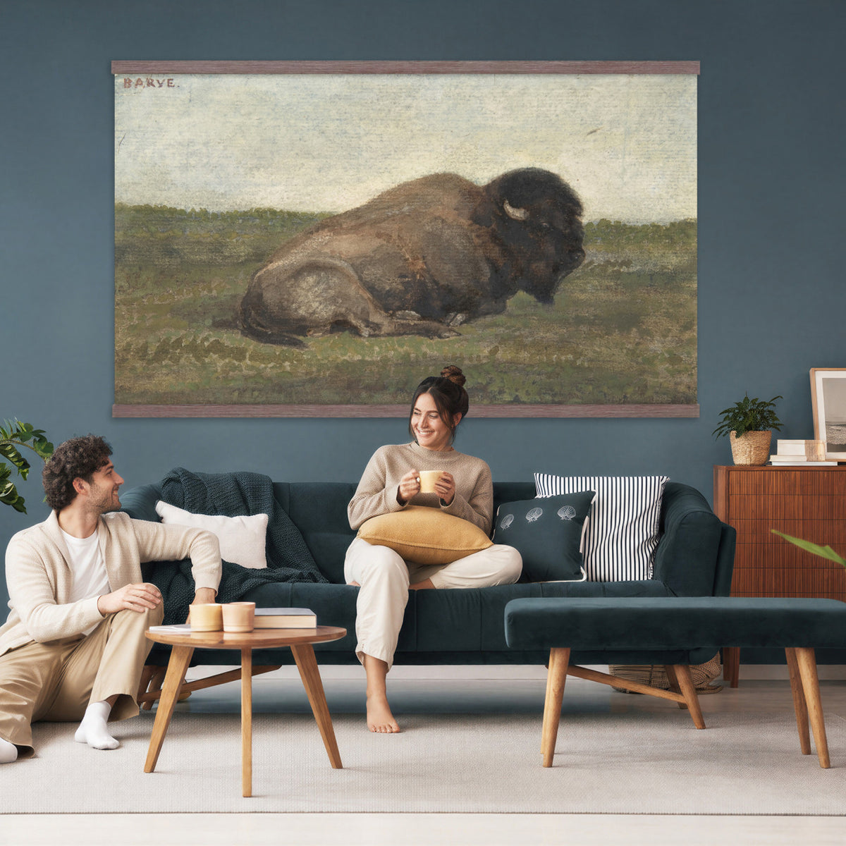 59987270-MGV-TP-30X20 - Realism oil painting tapestry wall hanging of "Bison Lying Down" by Antoine-Louis Barye, showing a heavy bison at rest on open prairie ground, painted with weight and quiet animal presence in deep brown bison coat against muted prairie grass and a low sky. Extra large wall art, made in the USA.