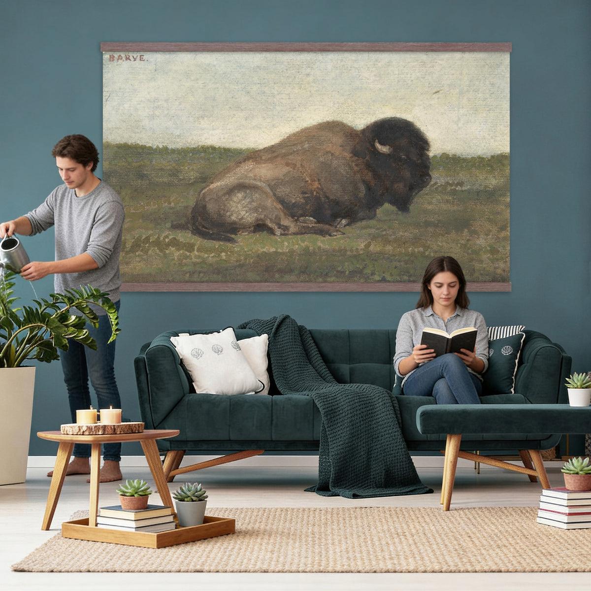 59987270-MGV-TP-30X20 - Realism oil painting tapestry wall hanging of "Bison Lying Down" by Antoine-Louis Barye, showing a heavy bison at rest on open prairie ground, painted with weight and quiet animal presence in deep brown bison coat against muted prairie grass and a low sky. Extra large wall art, made in the USA.