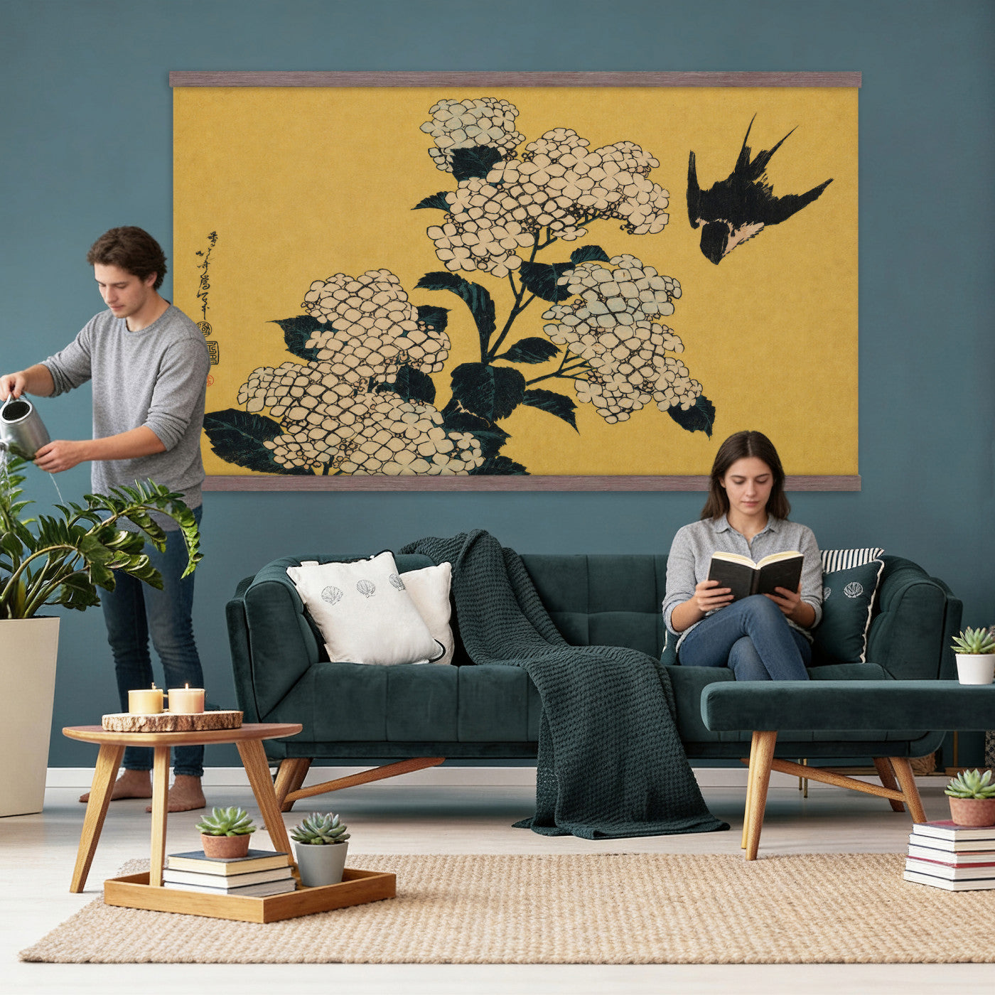 24787197-MGV-TP-30X20 - Ukiyo-e woodblock print tapestry wall hanging of "Hydrangea and Swallow" by Katsushika Hokusai, showing a swallow in flight above a full hydrangea head, drawn with the precise line of Japanese woodblock in soft blue hydrangea blooms with warm gold ground. Extra large wall art, made in the USA.
