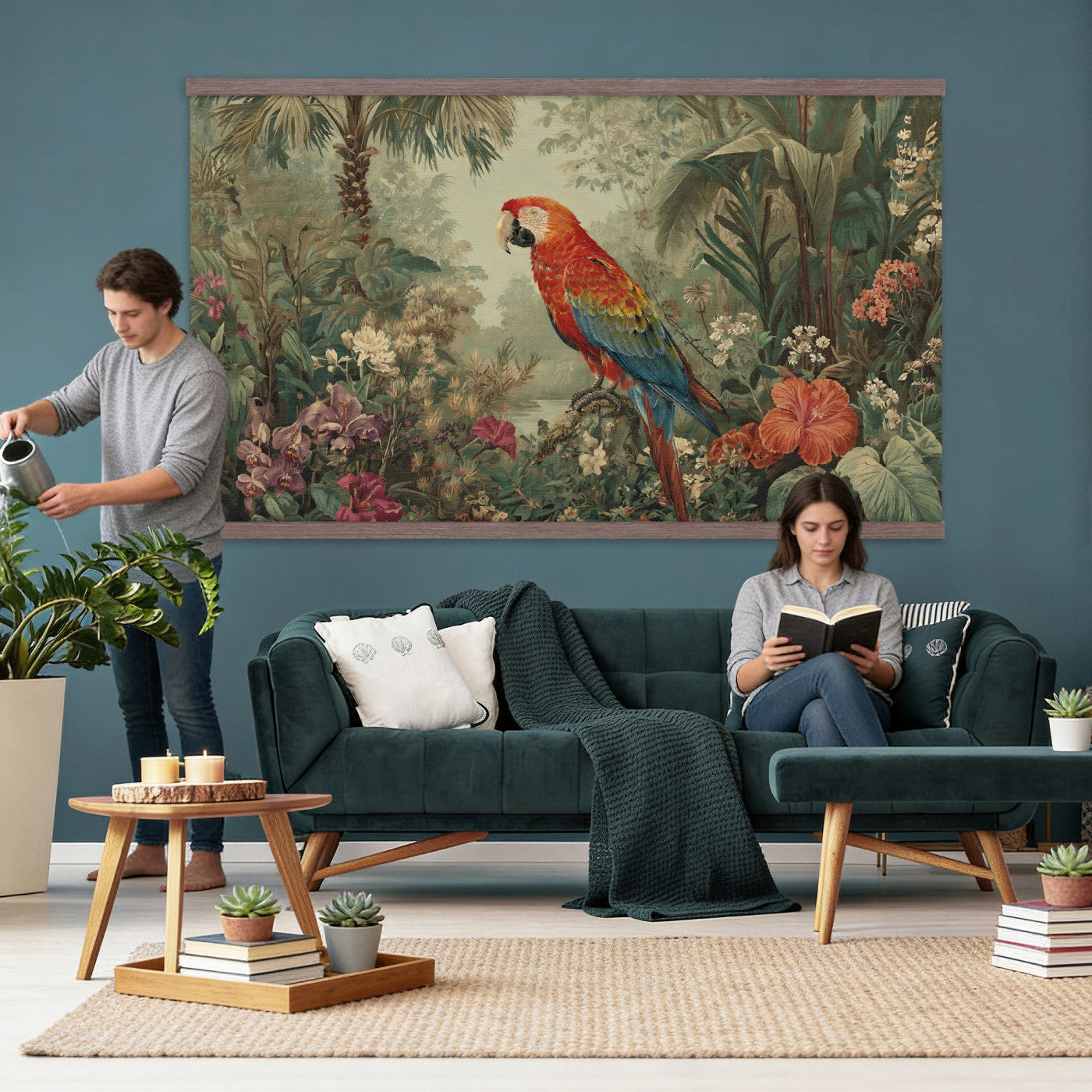 75232040-MGV-TP-30X20 - Botanical botanical illustration tapestry wall hanging of "Scarlet Macaw in the Jungle", showing a scarlet macaw perched among hibiscus flowers, palm leaves and thick rainforest growth in bright scarlet and gold plumage against deep jungle green. Extra large wall art, made in the USA.
