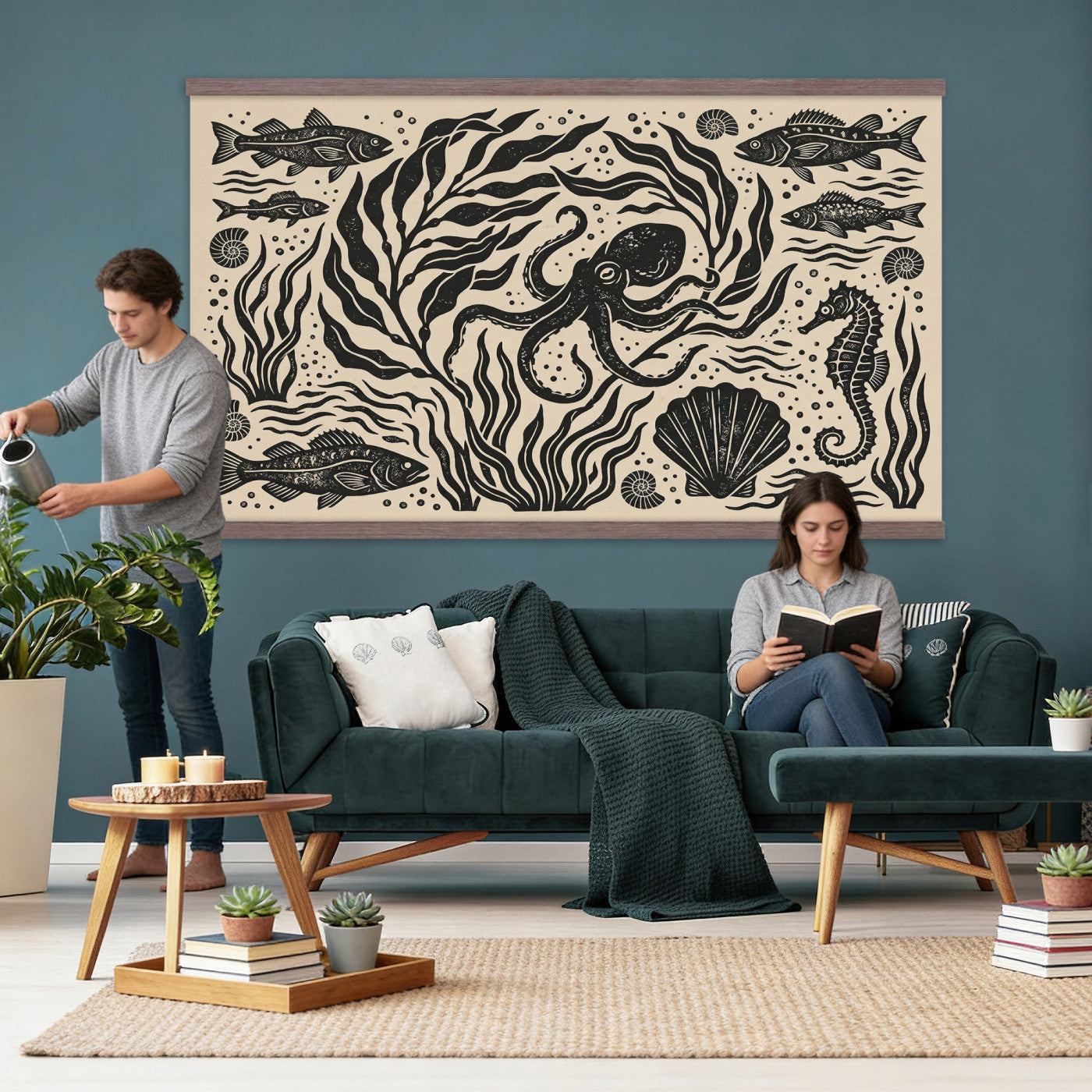 75988079-MGV-TP-30X20 - Folk Art linocut print tapestry wall hanging of "Ocean Life Panel", showing an octopus, seahorses, shells and curling waves cut into bold black and white folk art shapes in bold black linocut shapes on a cream ground. Extra large wall art, made in the USA.