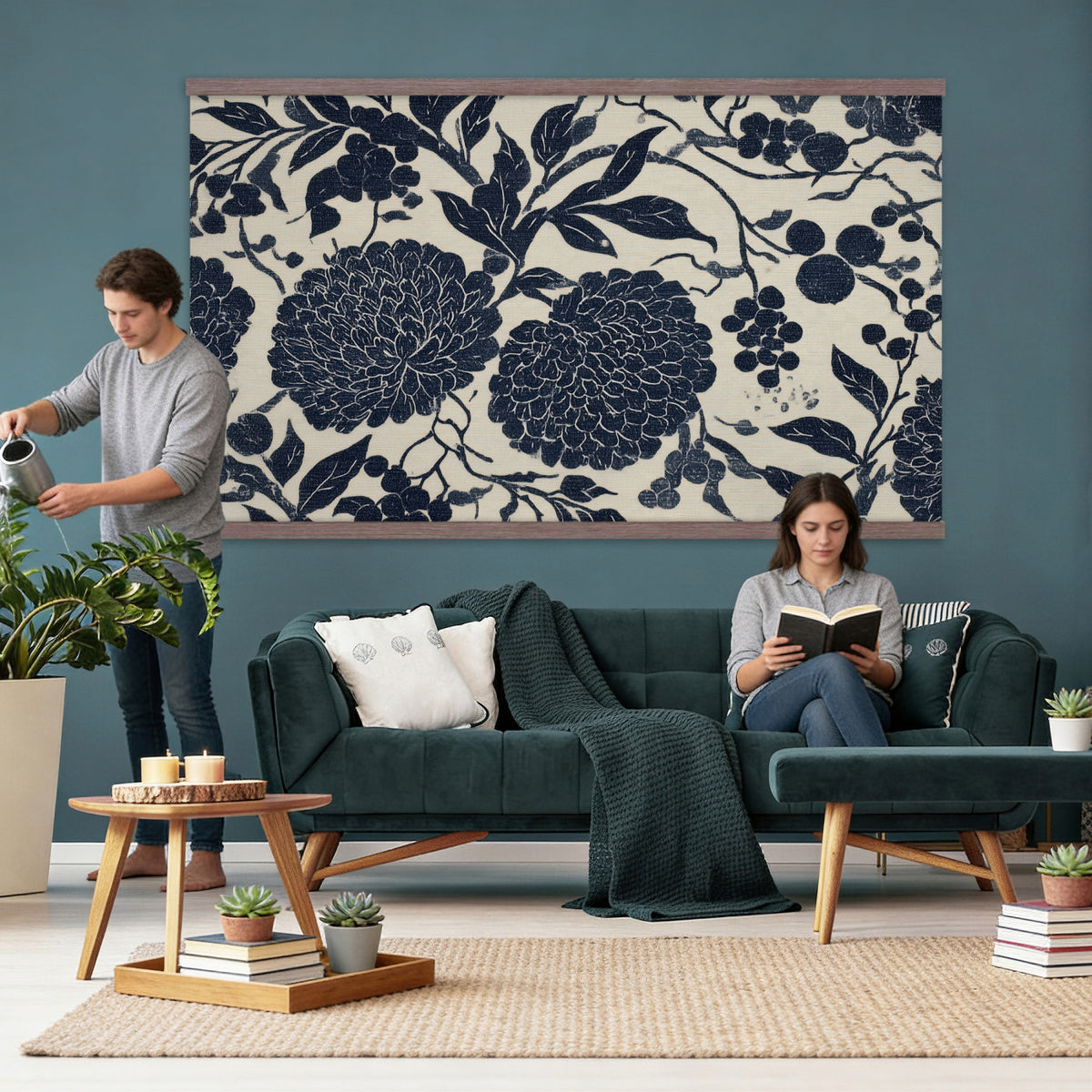 42507419-MGV-TP-30X20 - Chinoiserie ink block print tapestry wall hanging of "Chinoiserie Peony and Chrysanthemum Panel", showing peonies and chrysanthemums layered across a soft grey field, drawn in muted black line in black and soft grey linework on a warm neutral ground. Extra large wall art, made in the USA.