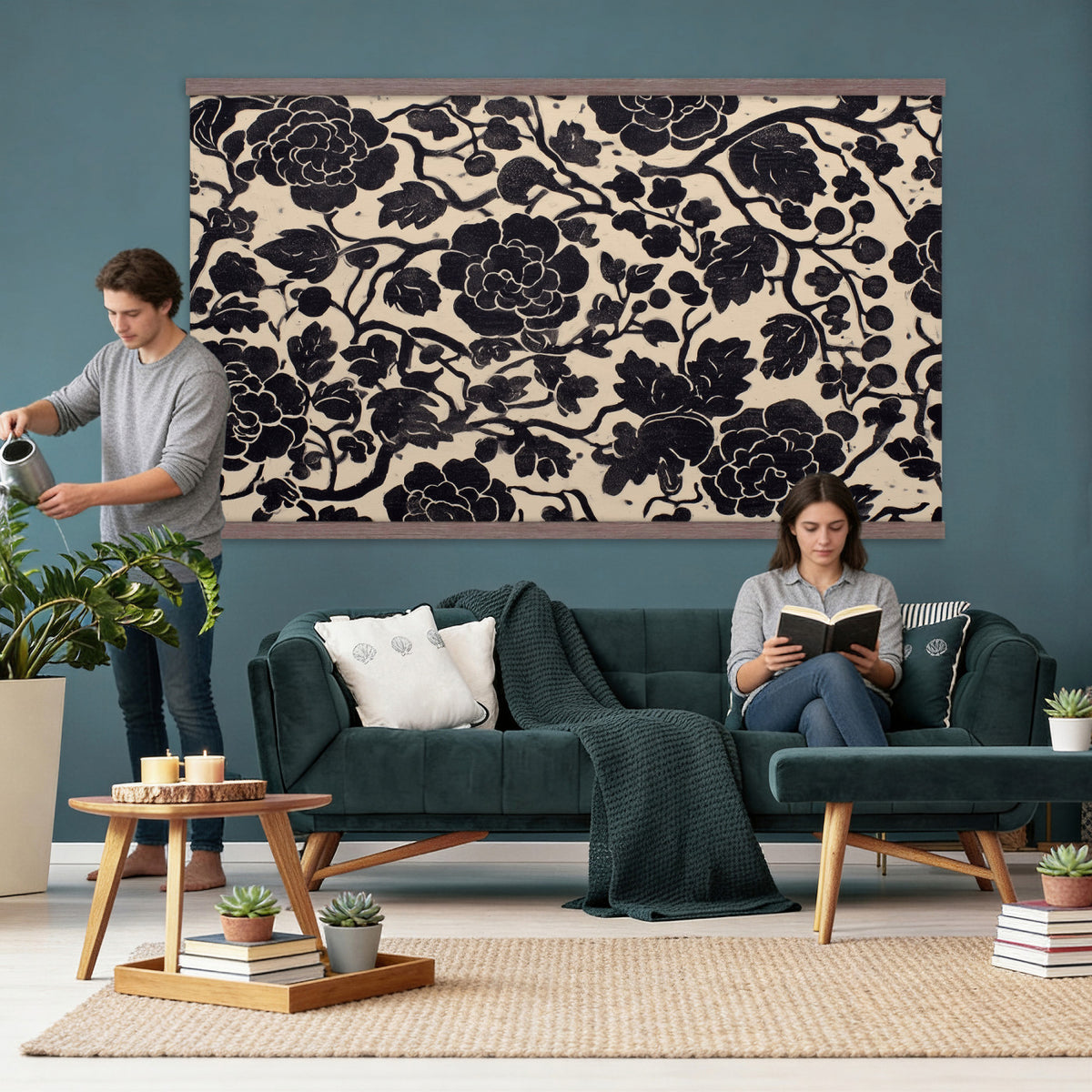 18660803-MGV-TP-30X20 - Chinoiserie ink block print tapestry wall hanging of "Chinoiserie Peony Panel", showing full peony blooms, curling stems and layered leaf work drawn in fine black line on a pale ground in deep black linework on a soft white ground. Extra large wall art, made in the USA.