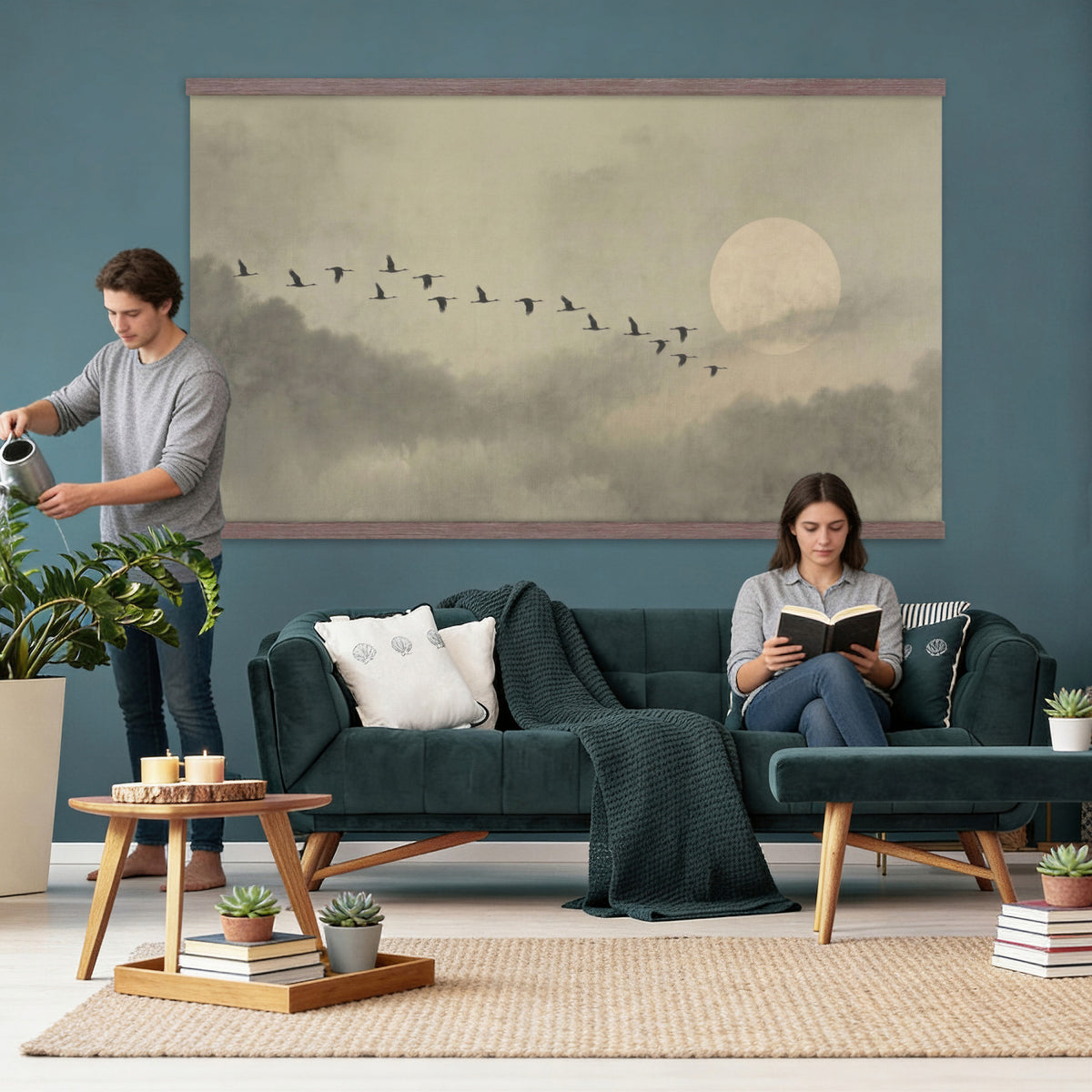 1209814BT-MGV-TP-30X20 - Flying Cranes Tapestry Wall Art, Misty Landscape with Moon, Sage Green Japandi Decor, Framed Print