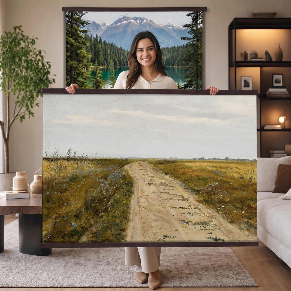 93198256-MGV-TP-30X20 - Realism oil painting tapestry wall hanging of "Field Track" by Jozef Chelmonski, showing a rutted dirt track cutting through open meadow grass toward a low horizon and a wide country sky in warm earth track tones with green meadow grass under a broad sky. Extra large wall art, made in the USA.