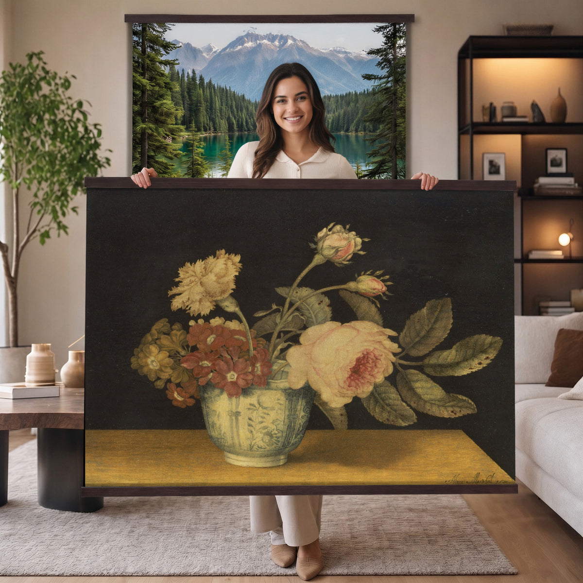 41160341-MGV-TP-30X20 - Impressionism oil painting tapestry wall hanging of "Golden Roses" by Olga Boznanska, showing a loose bunch of golden yellow roses in a glass vase, painted with soft dissolving edges against a warm ground in warm golden-yellow rose petals against a soft muted brown background. Extra large wall art, made in the USA.