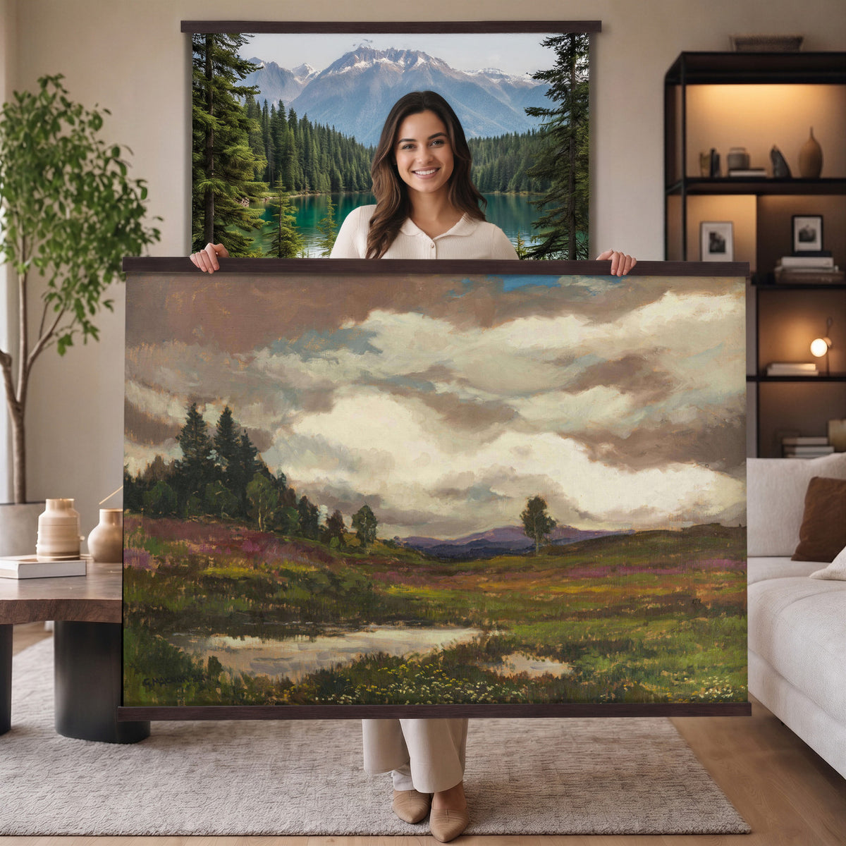 51034939-MGV-TP-30X20 - Impressionism oil painting tapestry wall hanging of "Flowering Meadow" by Olga Wisinger-Florian, showing a bright meadow of white wildflowers and green bushes rising toward a shaded purple hillside in white wildflowers and green bushes under a purple forest hillside. Extra large wall art, made in the USA.
