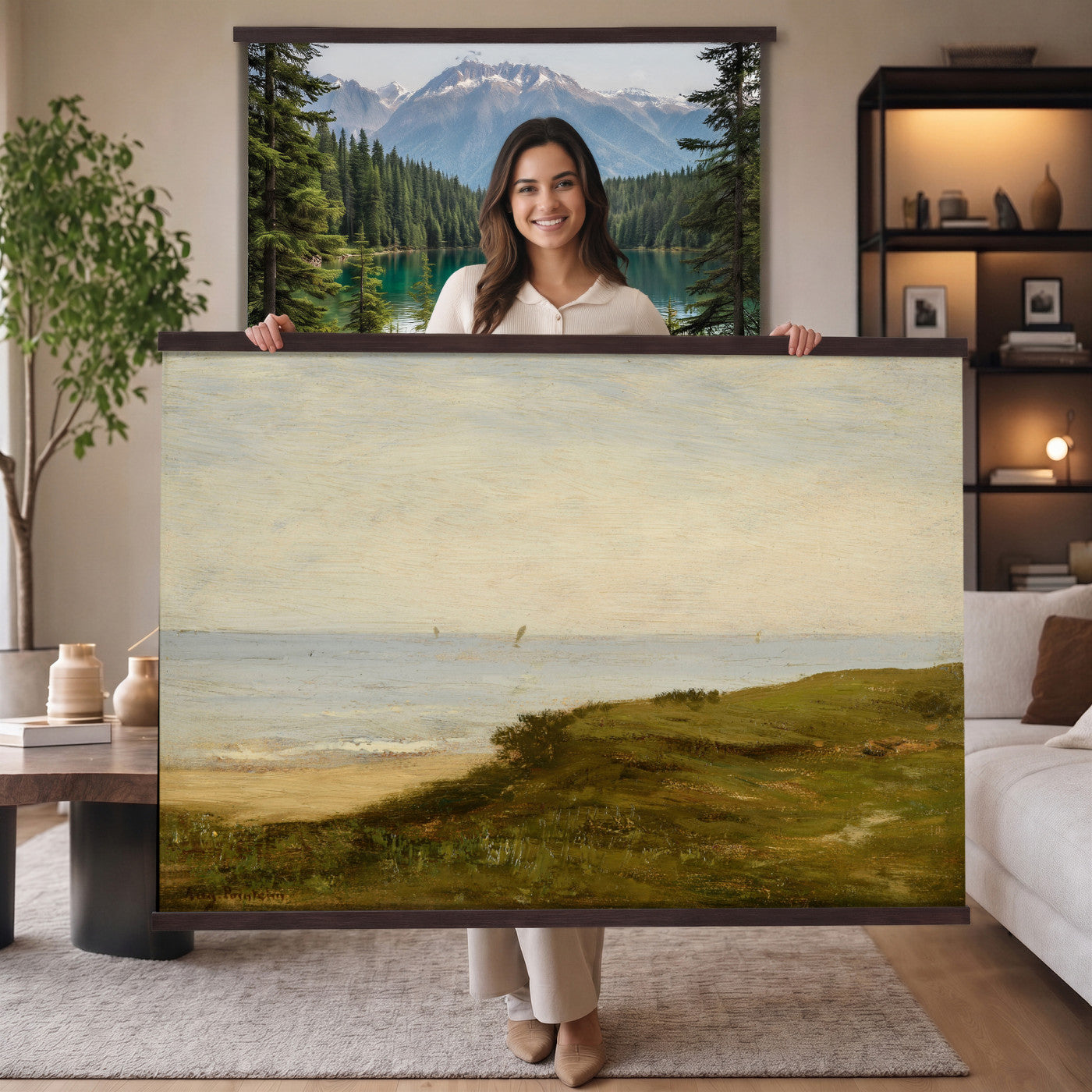 33440930-MGV-TP-30X20 - Impressionism oil painting tapestry wall hanging of "Beach Dunes" by Max Clarenbach, showing low rolling sand dunes topped with pale beach grass, opening toward a quiet sea under a wide soft sky in pale sand tones and dune grass under a wide soft blue-grey sky. Extra large wall art, made in the USA.