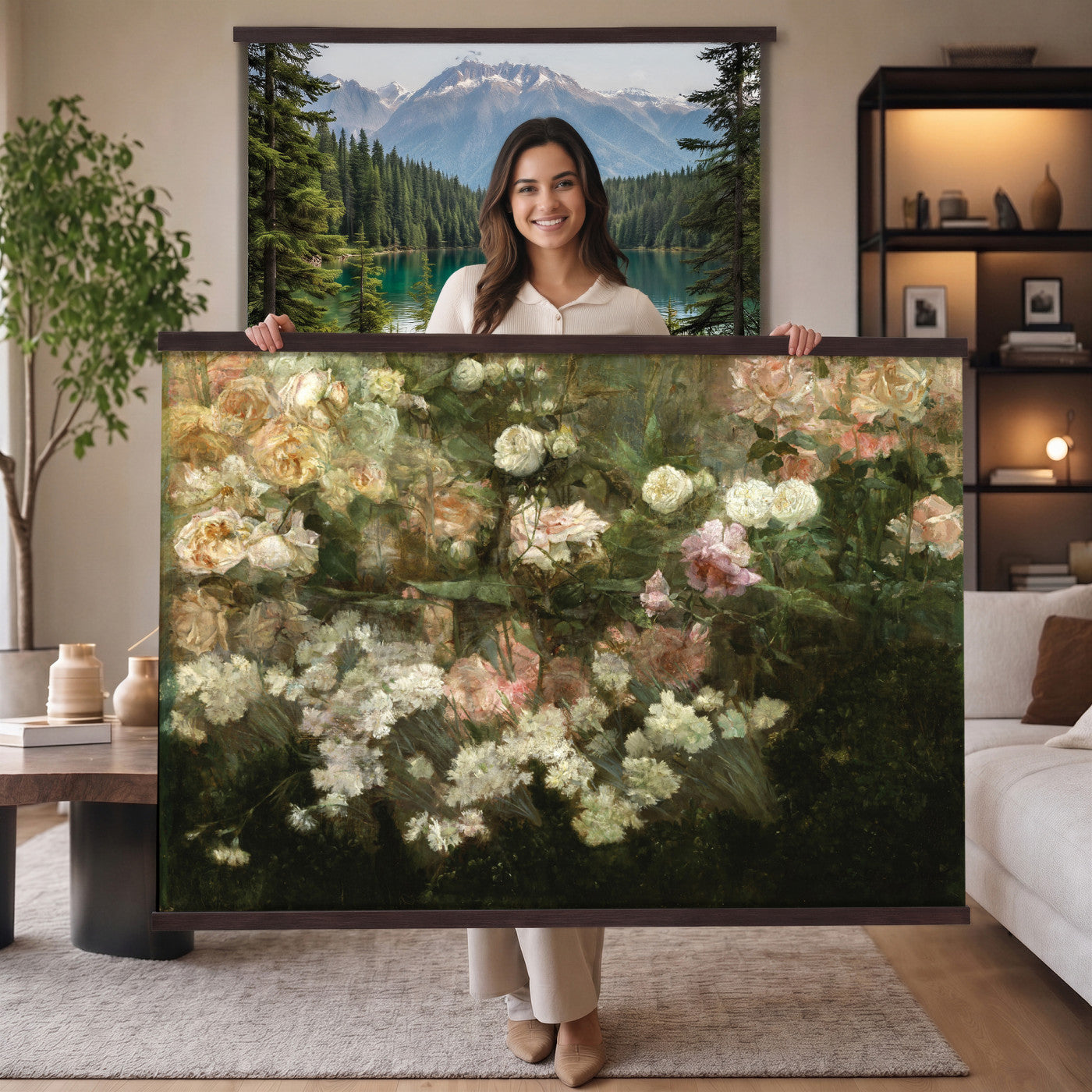 82392202-MGV-TP-30X20 - Post Impressionism oil painting tapestry wall hanging of "White Roses" by Tadeusz Makowski, showing a full bunch of white roses in a simple vase, softly lit against a plain shadowed background in creamy white rose petals and green leaves against a muted warm background. Extra large wall art, made in the USA.