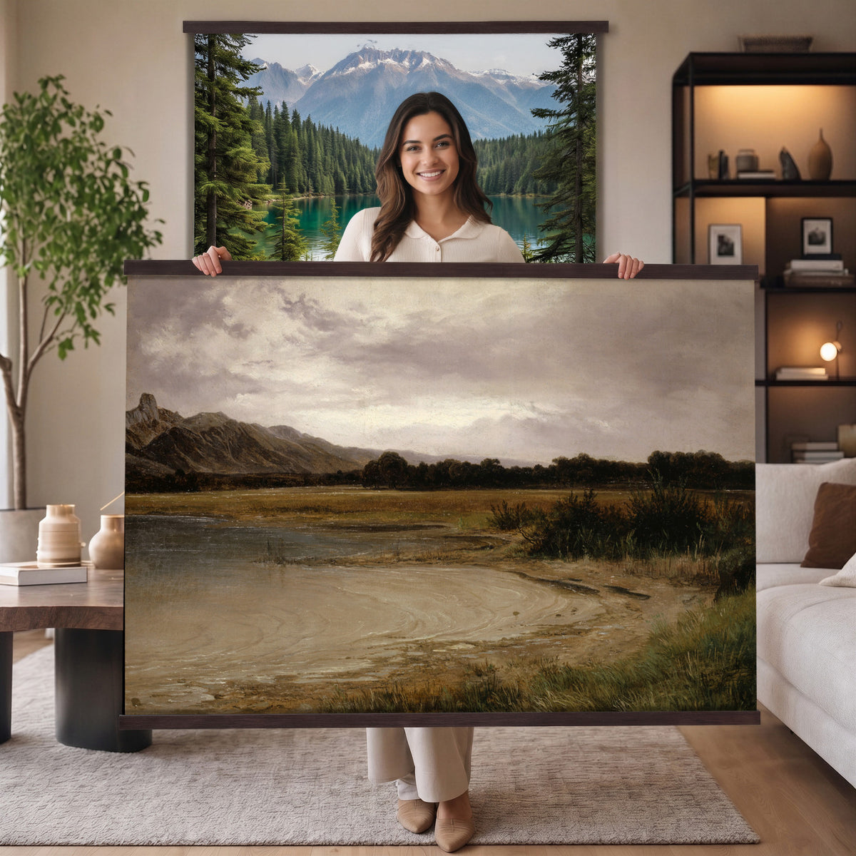 59141025-MGV-TP-30X20 - Romanticism oil study tapestry wall hanging of "A Lake Landscape" by Joseph Selleny, showing a still mountain lake under gathering storm clouds, with steep dark slopes falling straight into the water in deep slate blue water and dark mountain slopes under a heavy grey sky. Extra large wall art, made in the USA.