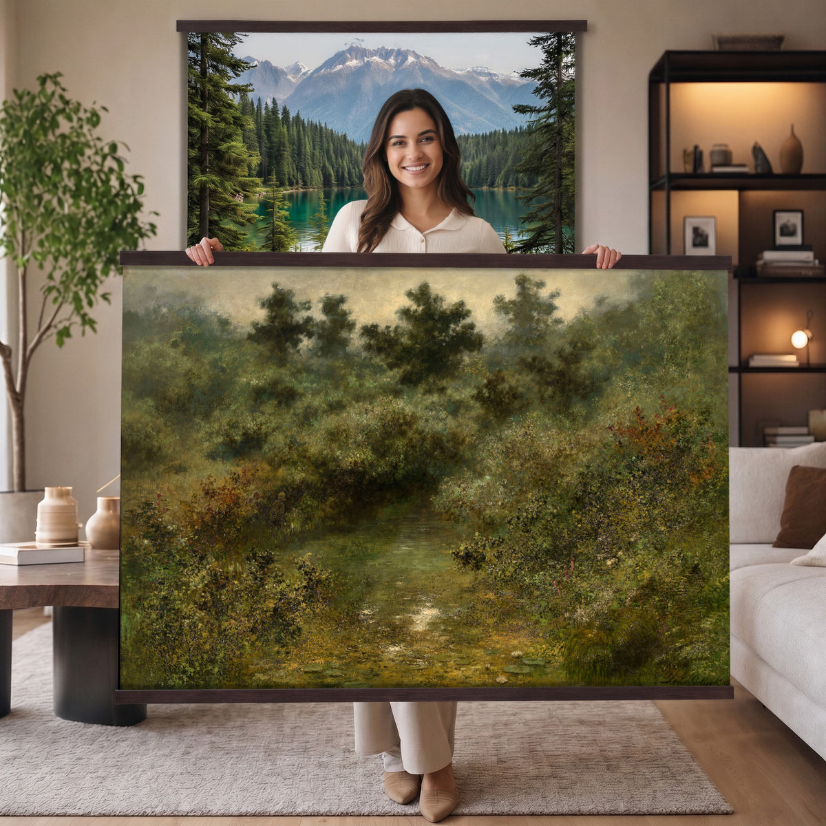 66880646-MGV-TP-30X20 - Barbizon oil painting tapestry wall hanging of "By the Brook" by Xavier De Cock, showing a shaded brook winding through dense woodland, with a small hidden figure resting among the trees in dark layered forest greens with warm brown earth and pale water light. Extra large wall art, made in the USA.