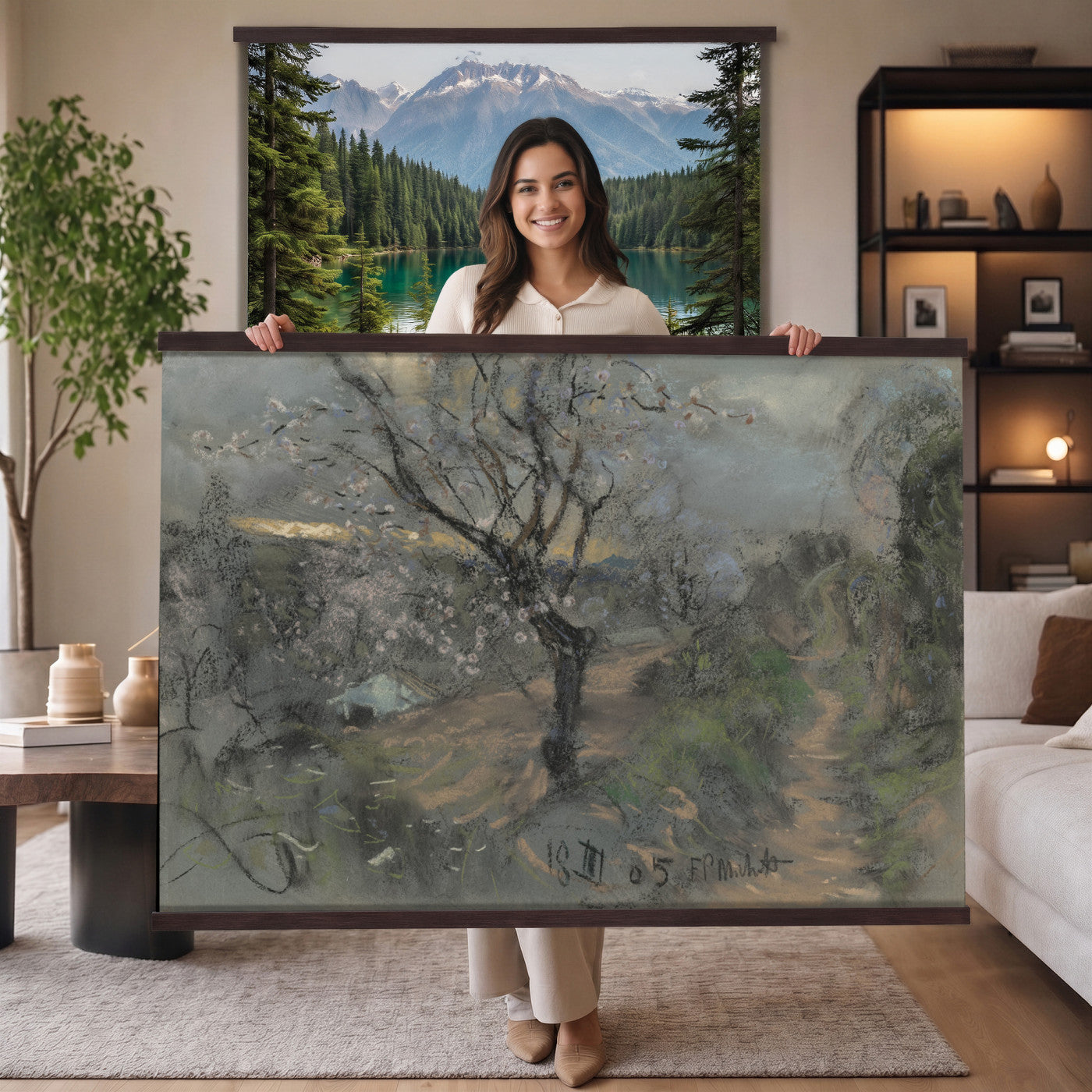 39102913-MGV-TP-30X20 - Realism charcoal and pastel sketch tapestry wall hanging of "Fields with Trees in Blossom" by Francesco Paolo Michetti, showing a dark country road running between blossoming trees, drawn in heavy charcoal under a low stormy sky in deep charcoal greys and blacks with pale blossom highlights. Extra large wall art, made in the USA.