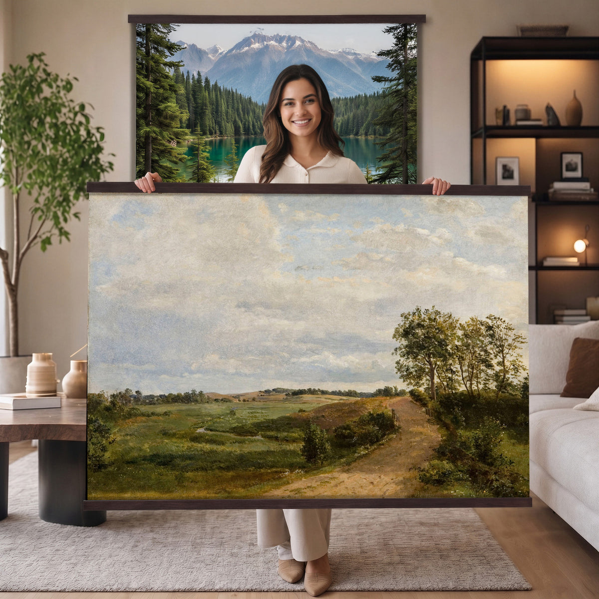 53363268-MGV-TP-30X20 - Realism oil study tapestry wall hanging of "Road across the Hills, Study" by Dankvart Dreyer, showing a bare country road climbing across open hills, with low scrub, worn ruts, and a wide Danish sky above in warm sandy road tones and dry hill greens under a pale wide sky. Extra large wall art, made in the USA.