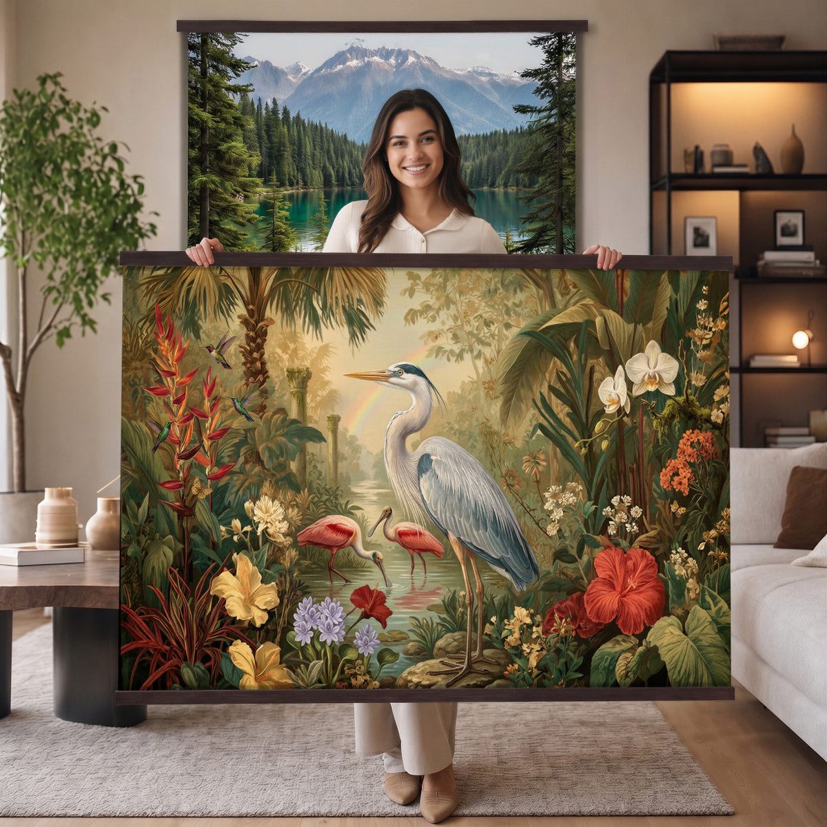 20081183-MGV-TP-30X20 - Botanical botanical illustration tapestry wall hanging of "Great Blue Heron in the Jungle", showing a great blue heron standing among hibiscus blooms, palm fronds and dense tropical foliage in deep jungle greens with red hibiscus and soft blue heron plumage. Extra large wall art, made in the USA.