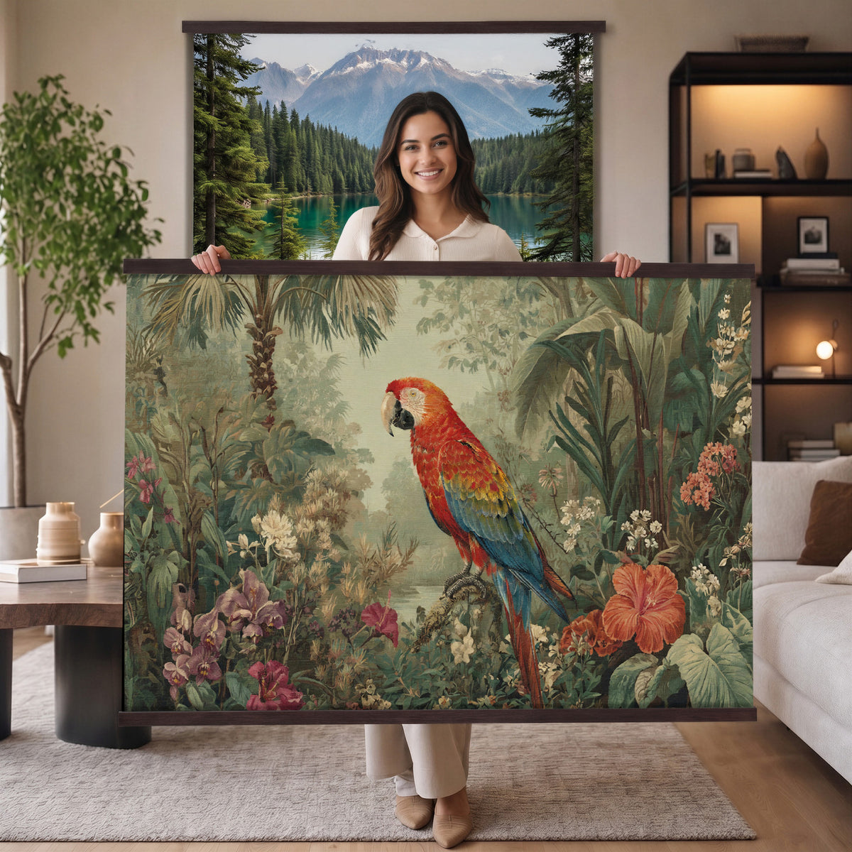 75232040-MGV-TP-30X20 - Botanical botanical illustration tapestry wall hanging of "Scarlet Macaw in the Jungle", showing a scarlet macaw perched among hibiscus flowers, palm leaves and thick rainforest growth in bright scarlet and gold plumage against deep jungle green. Extra large wall art, made in the USA.