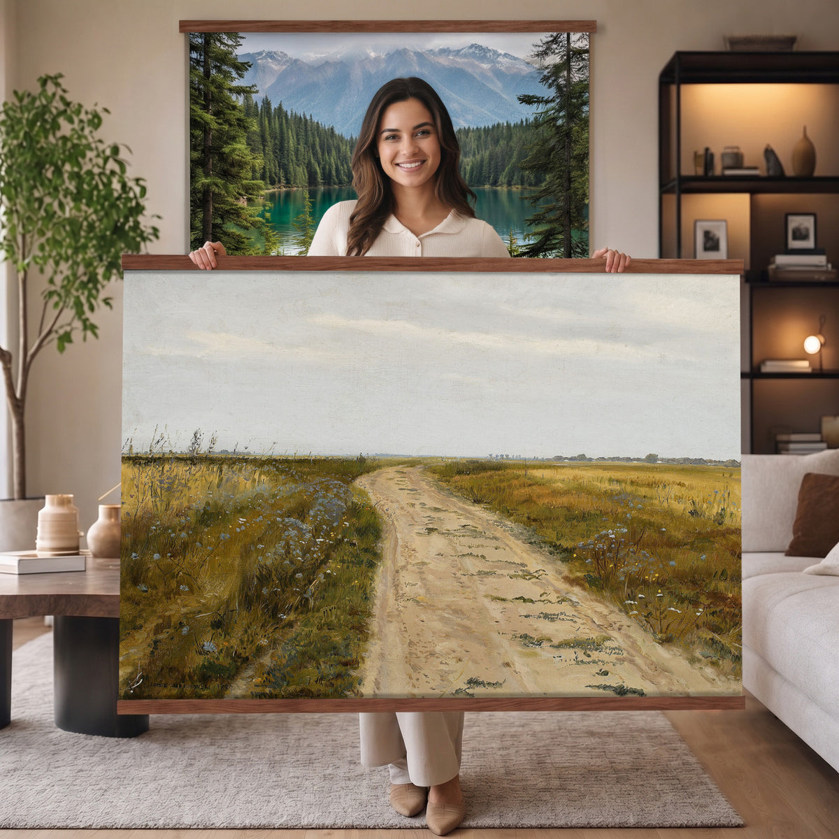 93198256-MGV-TP-30X20 - Realism oil painting tapestry wall hanging of "Field Track" by Jozef Chelmonski, showing a rutted dirt track cutting through open meadow grass toward a low horizon and a wide country sky in warm earth track tones with green meadow grass under a broad sky. Extra large wall art, made in the USA.