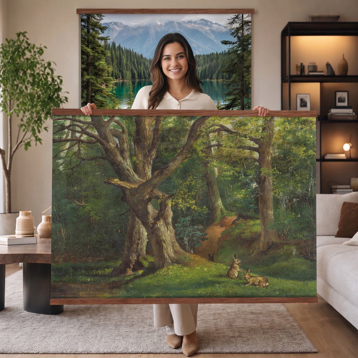 86376524-MGV-TP-30X20 - Barbizon oil painting tapestry wall hanging of "By the Brook" by Xavier De Cock, showing a shaded brook winding through dense woodland, with a small hidden figure resting among the trees in dark layered forest greens with warm brown earth and pale water light. Extra large wall art, made in the USA.