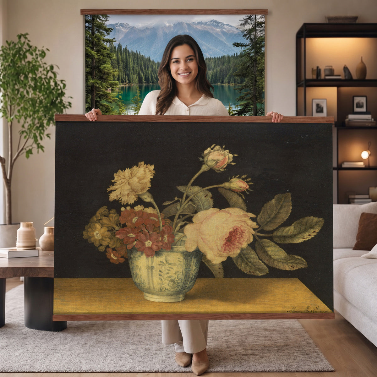 41160341-MGV-TP-30X20 - Impressionism oil painting tapestry wall hanging of "Golden Roses" by Olga Boznanska, showing a loose bunch of golden yellow roses in a glass vase, painted with soft dissolving edges against a warm ground in warm golden-yellow rose petals against a soft muted brown background. Extra large wall art, made in the USA.